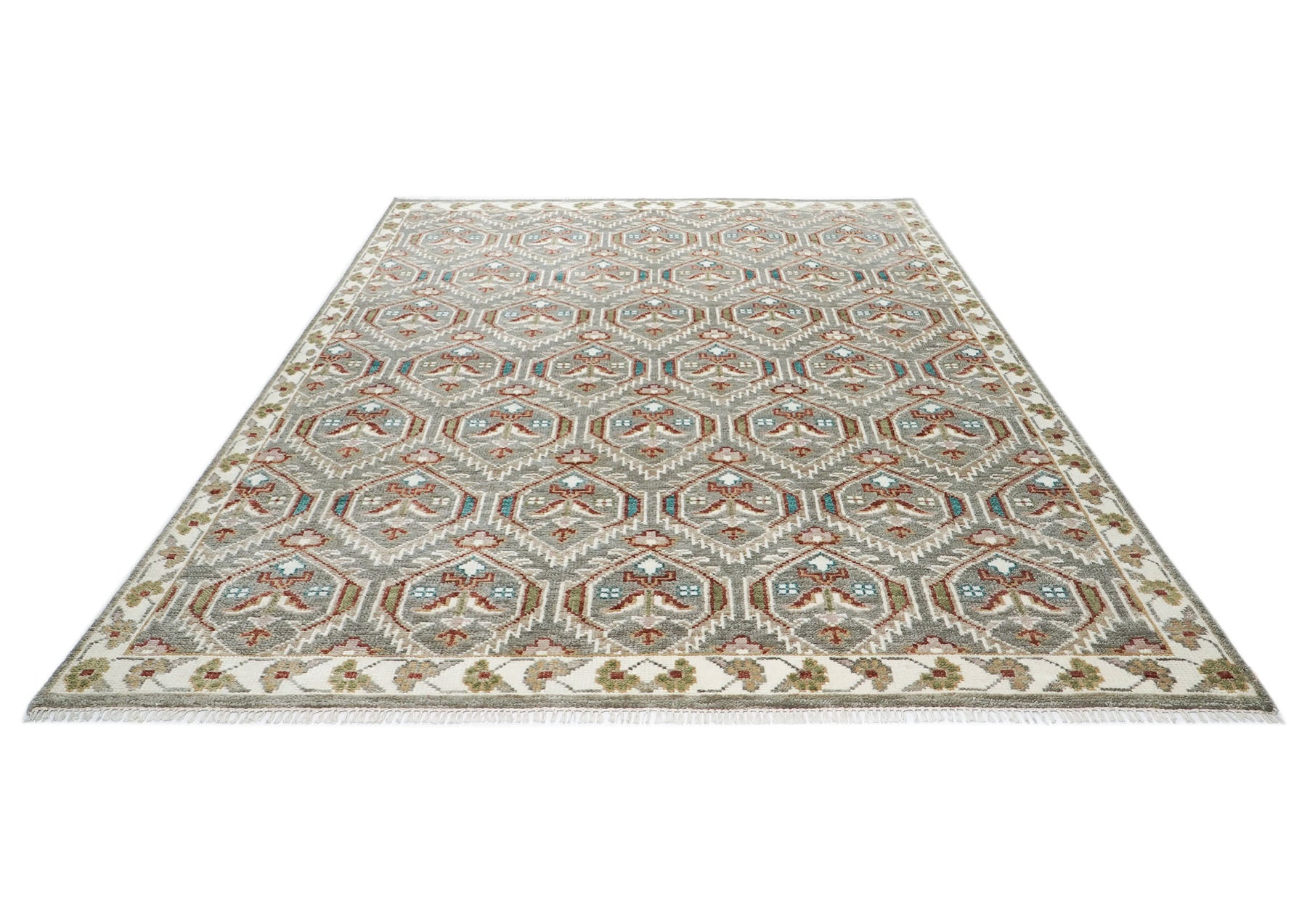 8x10 Gray, Ivory, Rust Color Hand Knotted Oushak Wool Transitional Oriental Rug