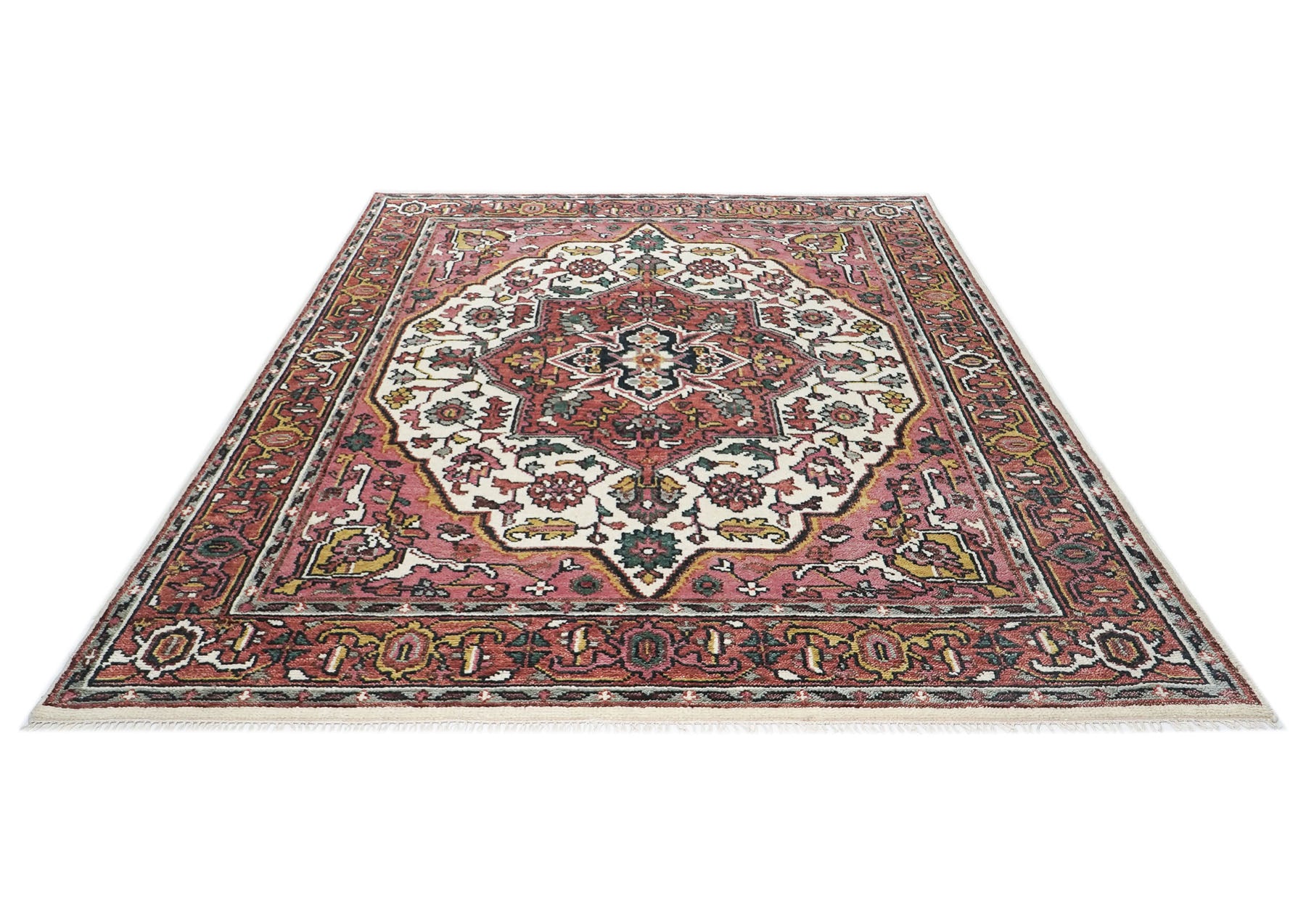 8x10 Pink, Ivory, Gold Color Hand Knotted Heriz Wool Traditional Oriental Rug