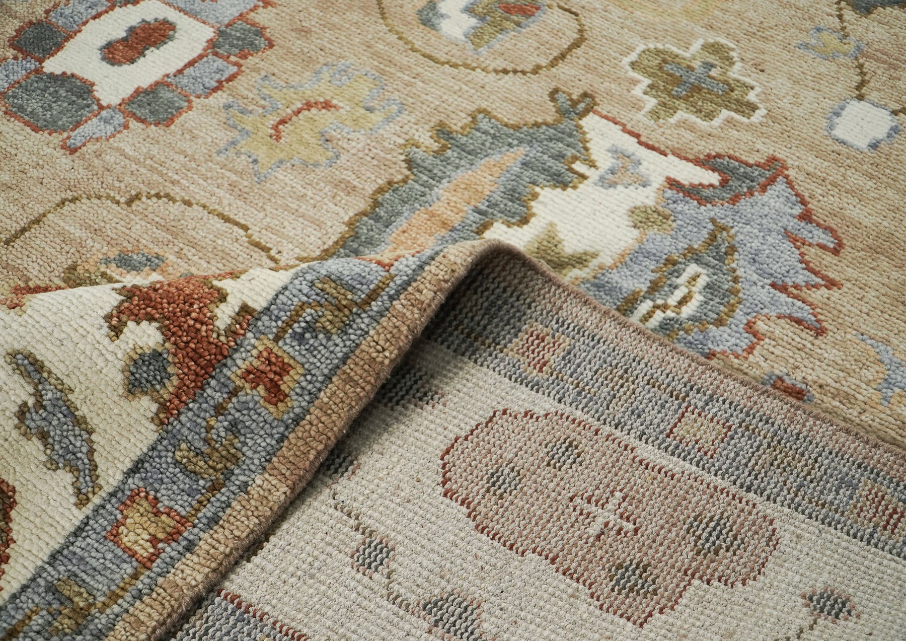 10x14 Tan, Ivory, Slate Color Hand Knotted Oushak Wool Arts and Crafts Oriental Rug
