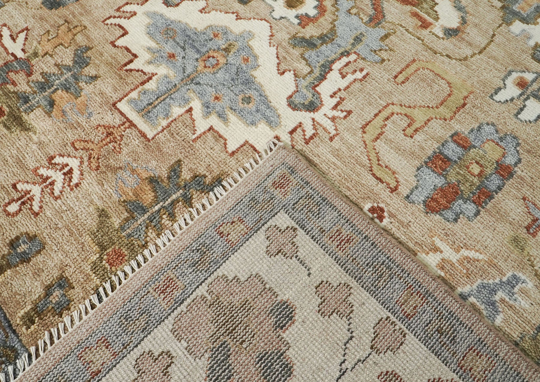 10x14 Tan, Ivory, Slate Color Hand Knotted Oushak Wool Arts and Crafts Oriental Rug