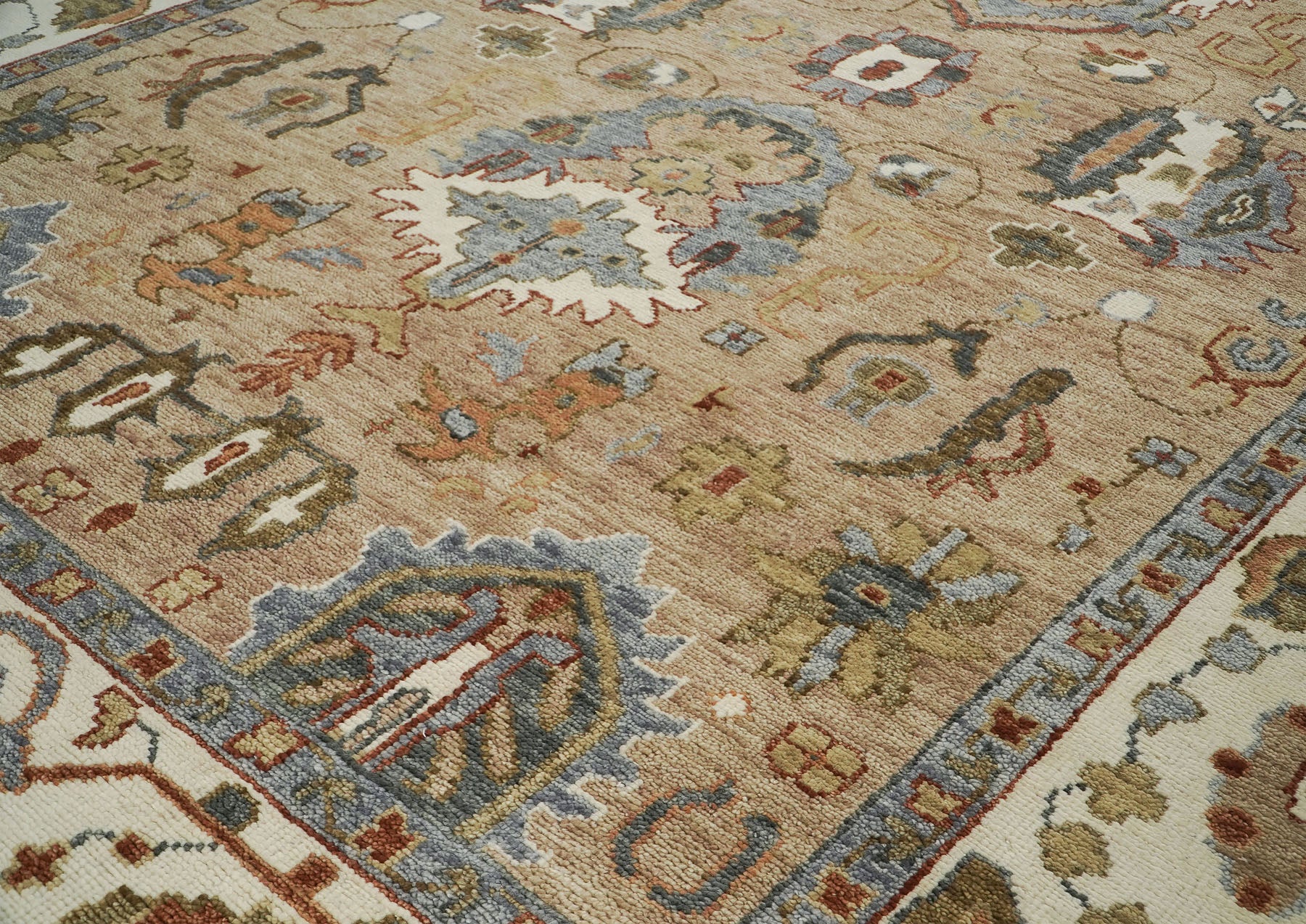 10x14 Tan, Ivory, Slate Color Hand Knotted Oushak Wool Arts and Crafts Oriental Rug
