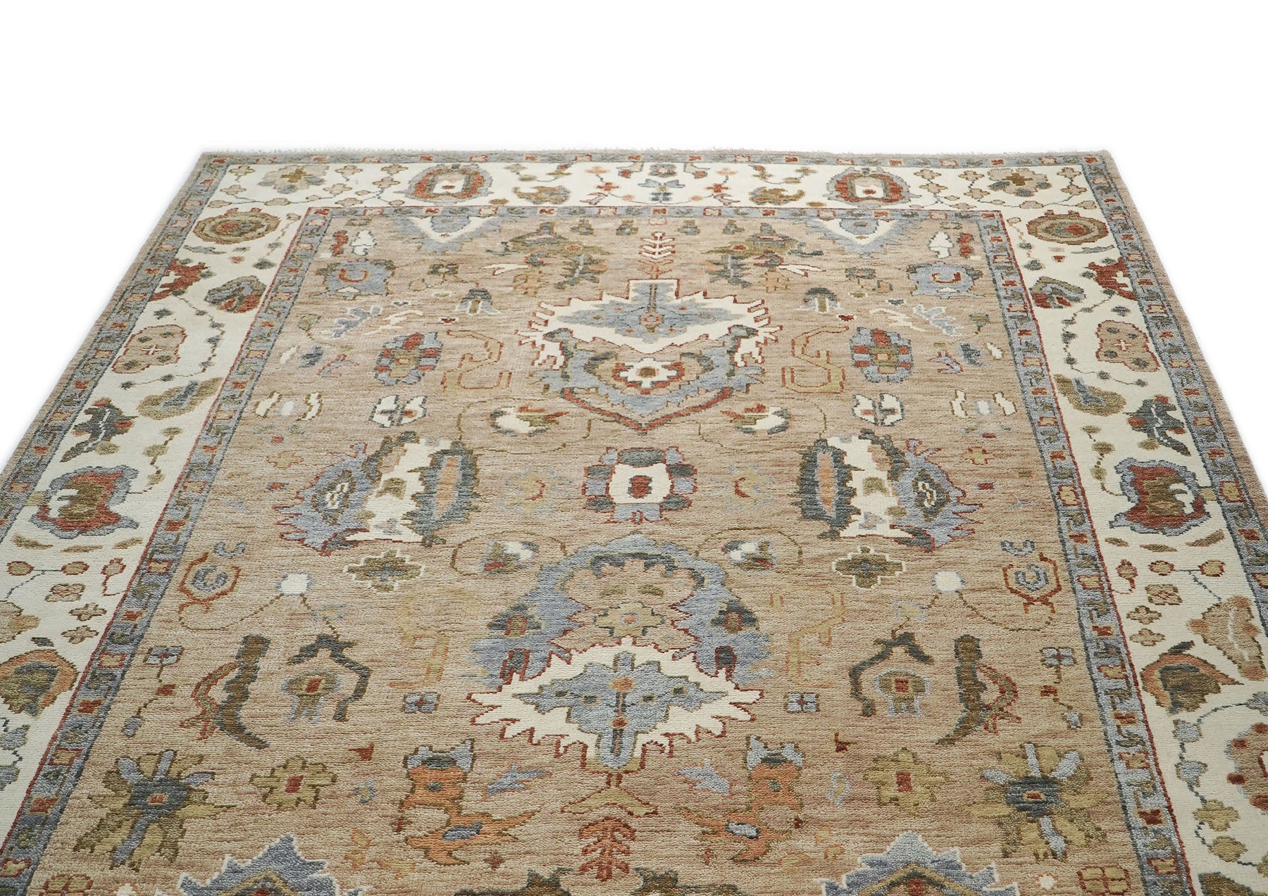 10x14 Tan, Ivory, Slate Color Hand Knotted Oushak Wool Arts and Crafts Oriental Rug