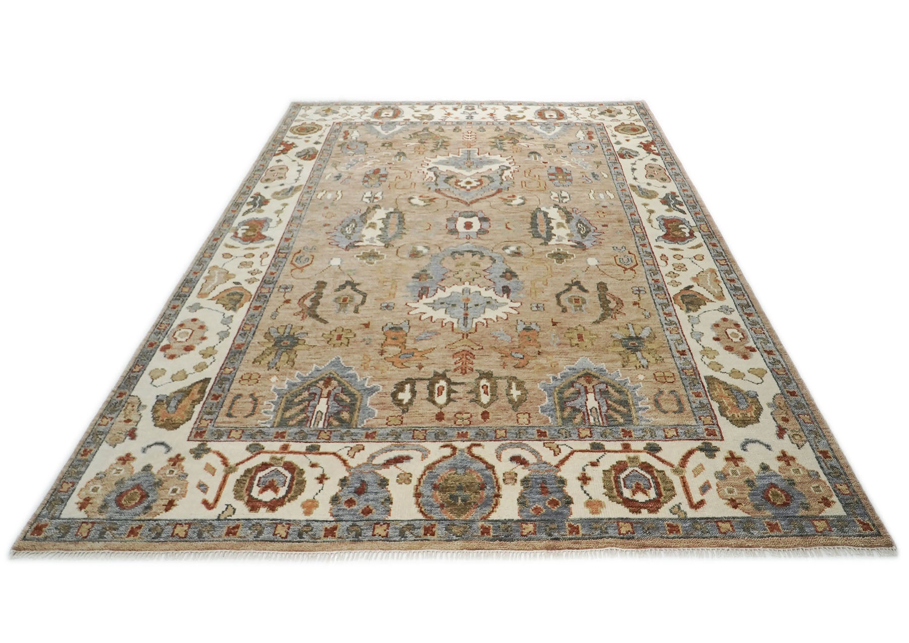 10x14 Tan, Ivory, Slate Color Hand Knotted Oushak Wool Arts and Crafts Oriental Rug