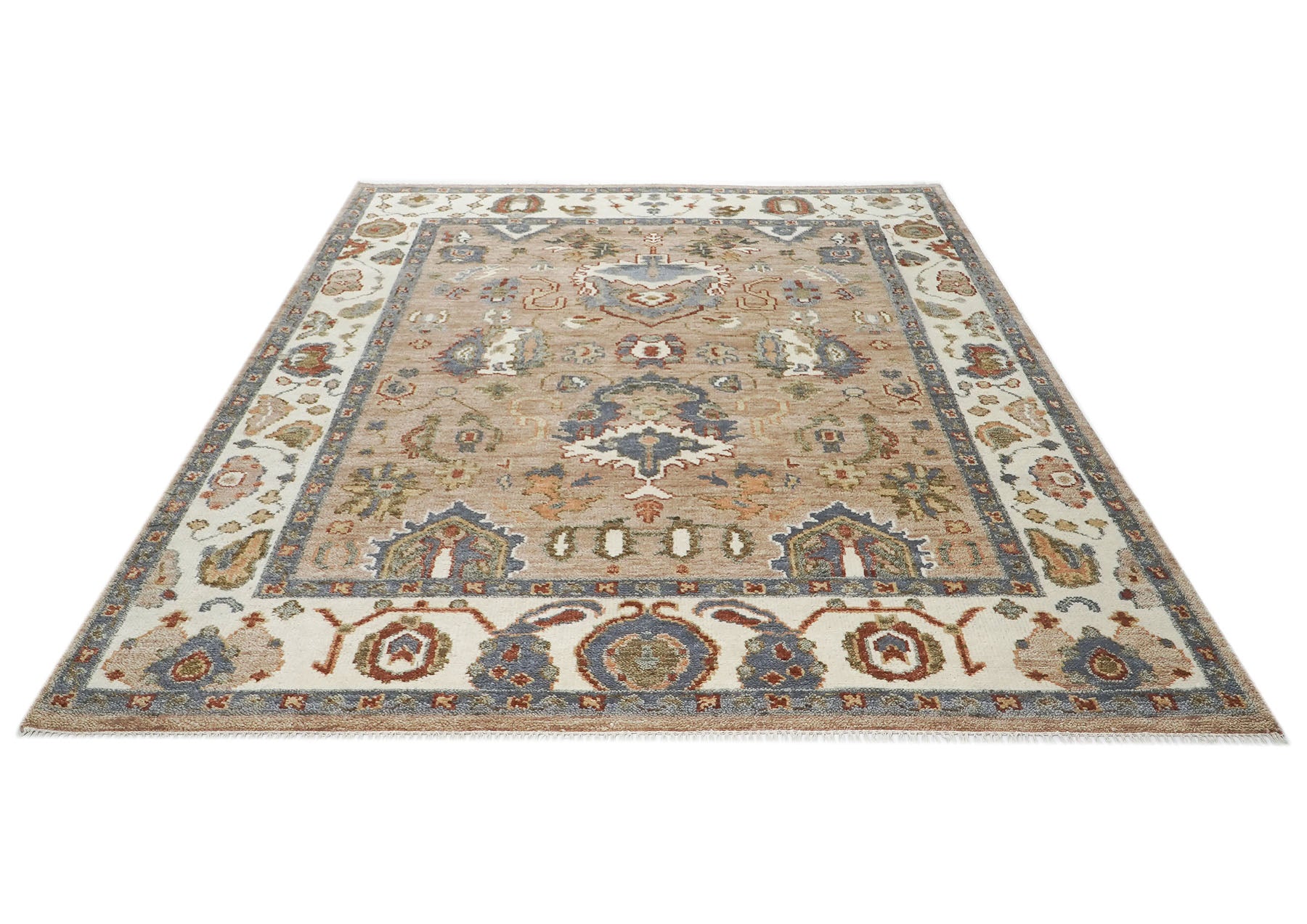 8x10 Mocha, Ivory, Slate Color Hand Knotted Oushak Wool Arts & Crafts Oriental Rug