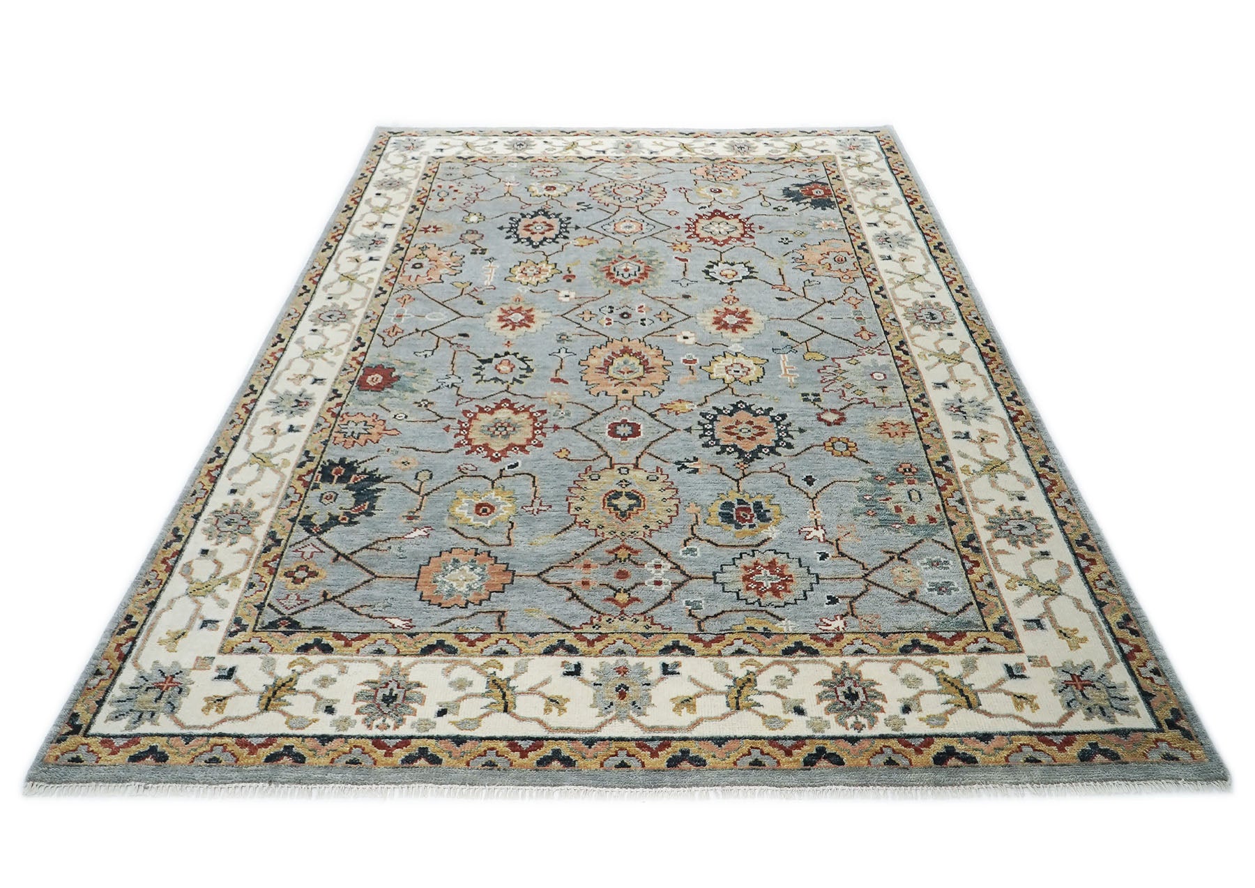 10x14 Blue, Ivory, Gold Color Hand Knotted Oushak Wool Arts and Crafts Oriental Rug