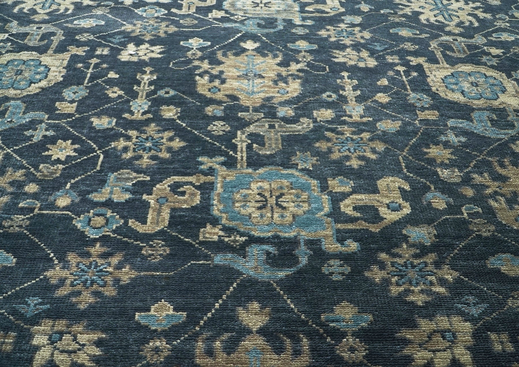 10x14 Blue, Beige, Moss Color Hand Knotted Oushak Wool Arts and Crafts Oriental Rug
