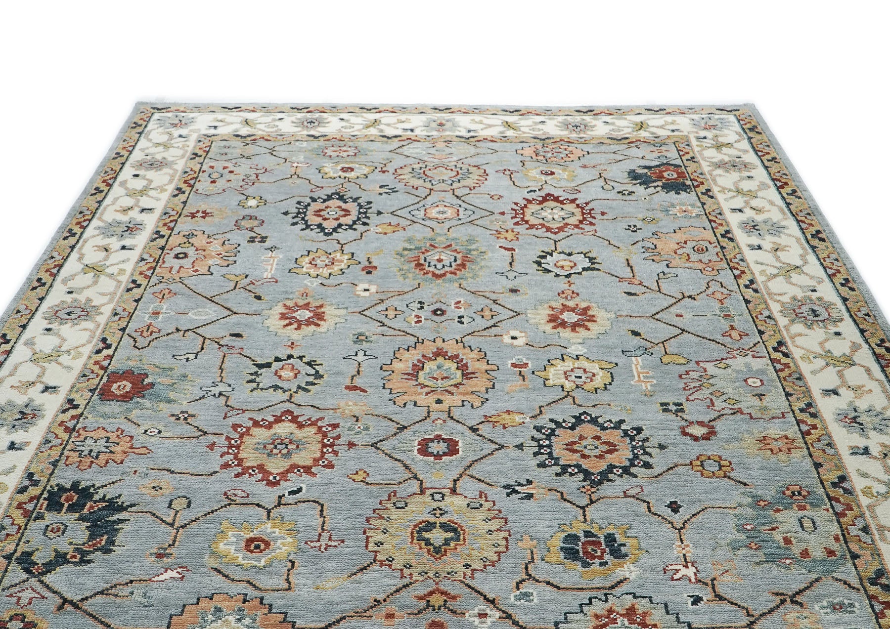 10x14 Blue, Ivory, Gold Color Hand Knotted Oushak Wool Arts and Crafts Oriental Rug