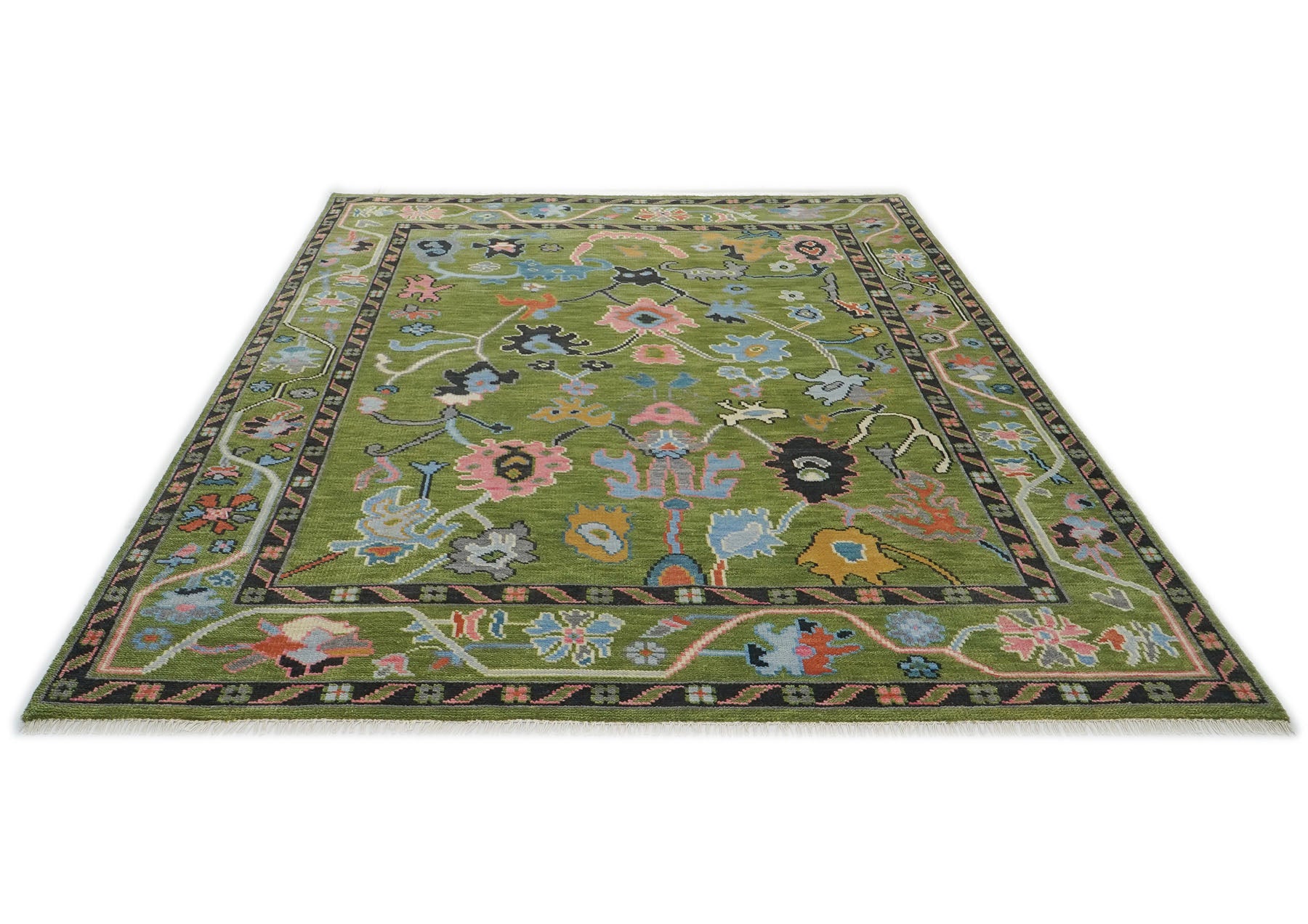 Multi Size Green Pink Navy Color Hand Knotted Oushak Wool Traditional Oriental Rug