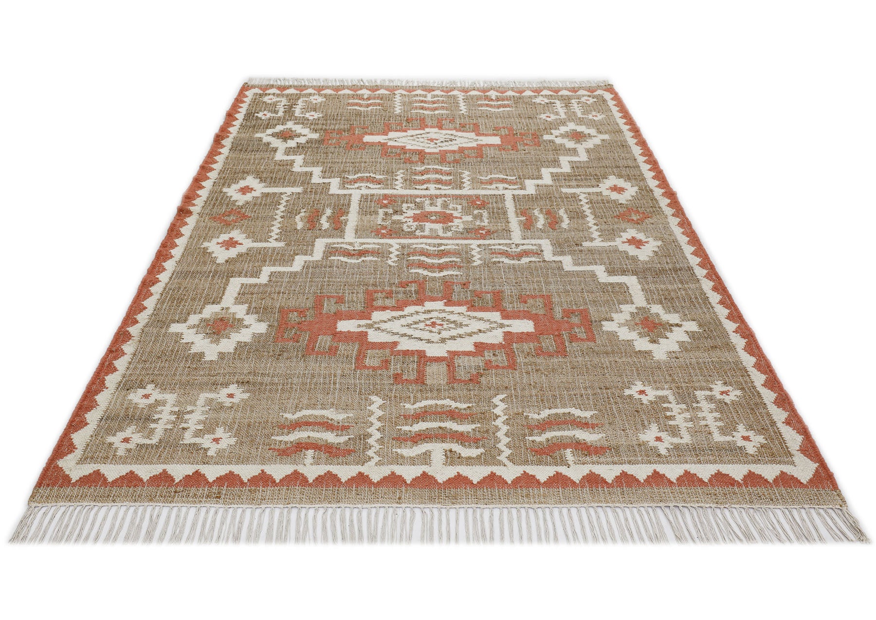 Multi Size Tan Orange Ivory Color Hand Woven Kilim Jute Southwestern Oriental Rug