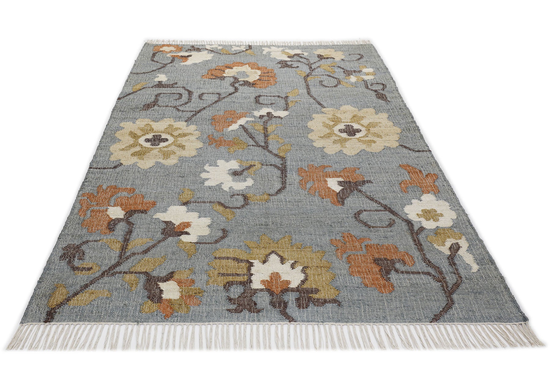 Multi Size Slate Blue Orange Color Hand Woven Kilim Jute Traditional Oriental Rug