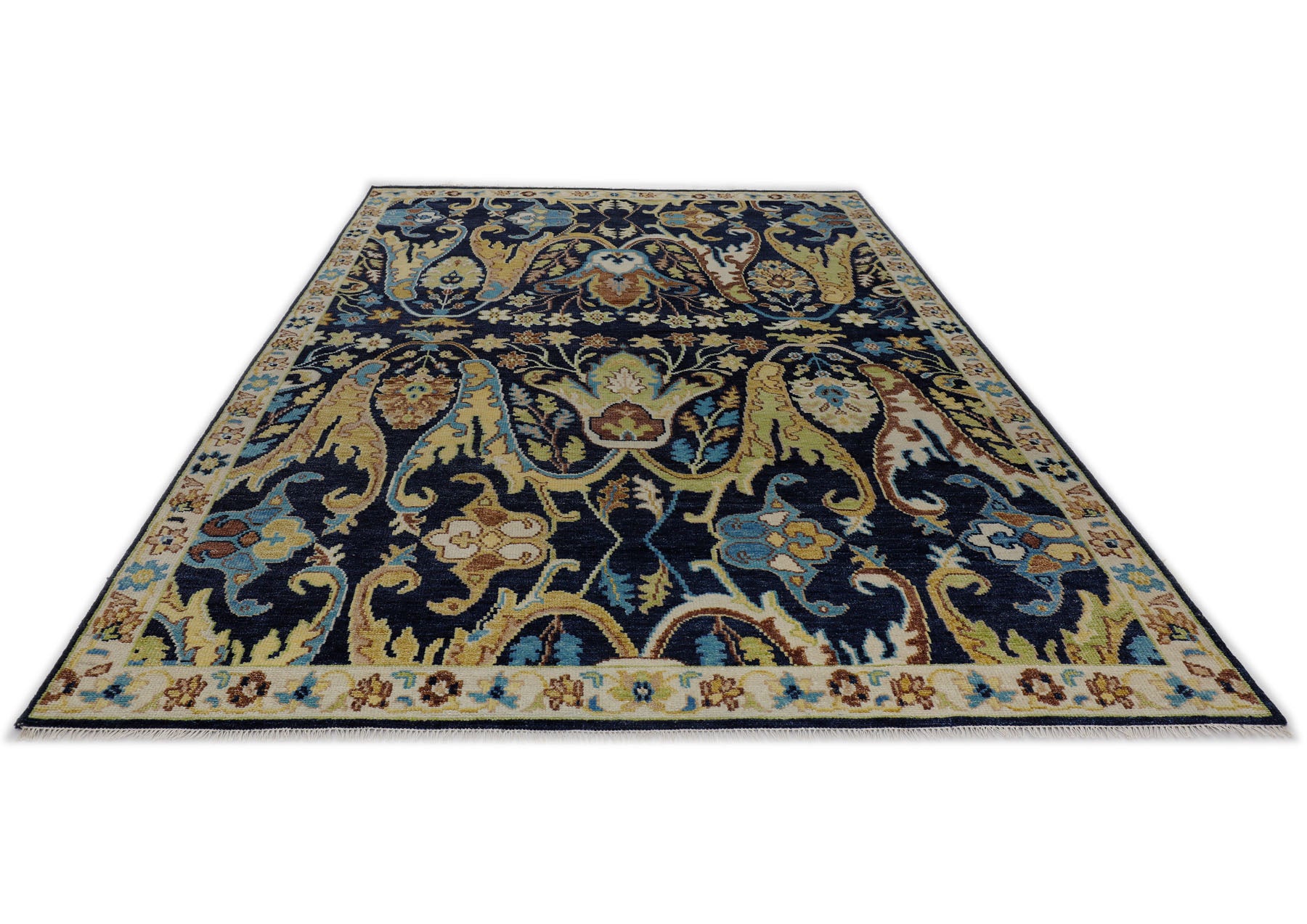 Multi Size Navy Mint Ivory Color Hand Knotted Oushak Wool  Oriental Rug