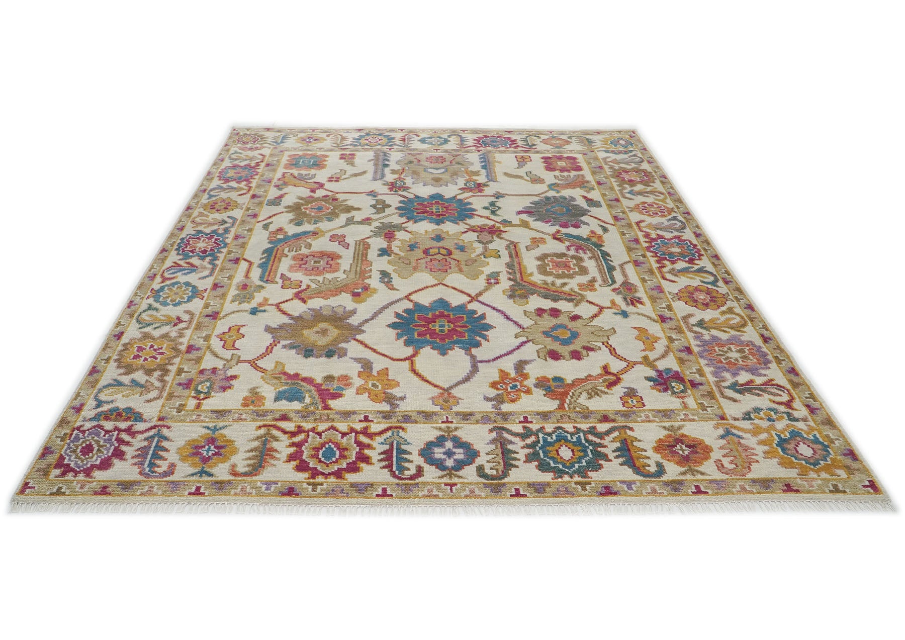 Multi Size Ivory Brown Aqua Color Hand Knotted Oushak Wool Traditional Oriental Rug