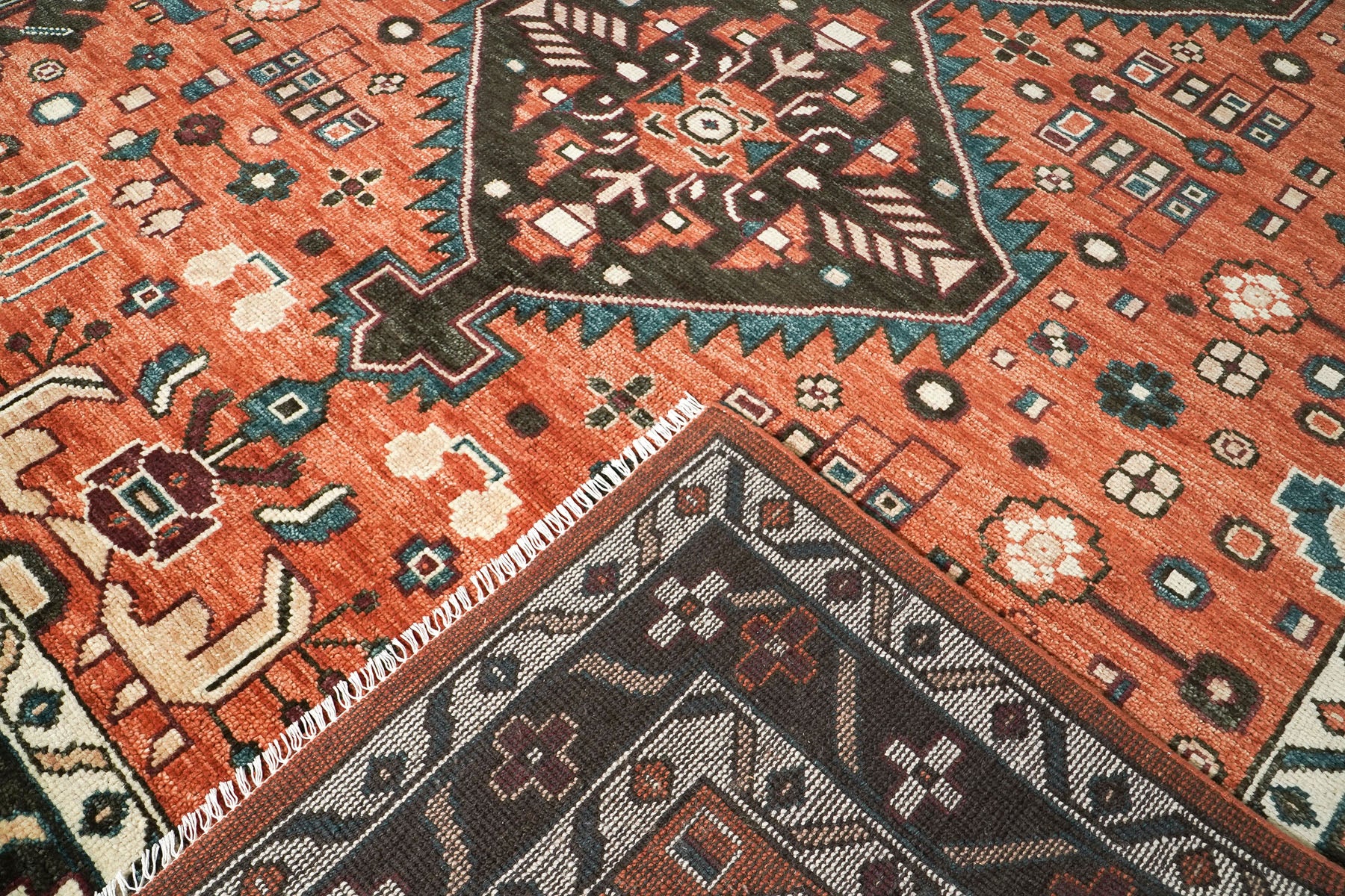 10x14 Burnt Orange, Dark Green, Teal Color Hand Knotted Oushak Wool  Oriental Rug
