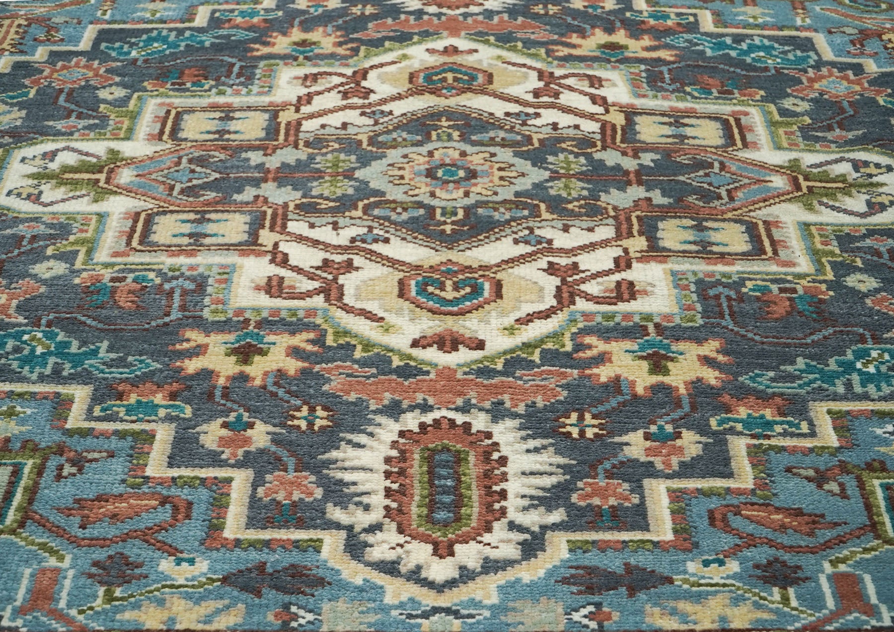 8x10 Blue, Ivory, Aqua Color Hand Knotted Oushak Wool Traditional Oriental Rug