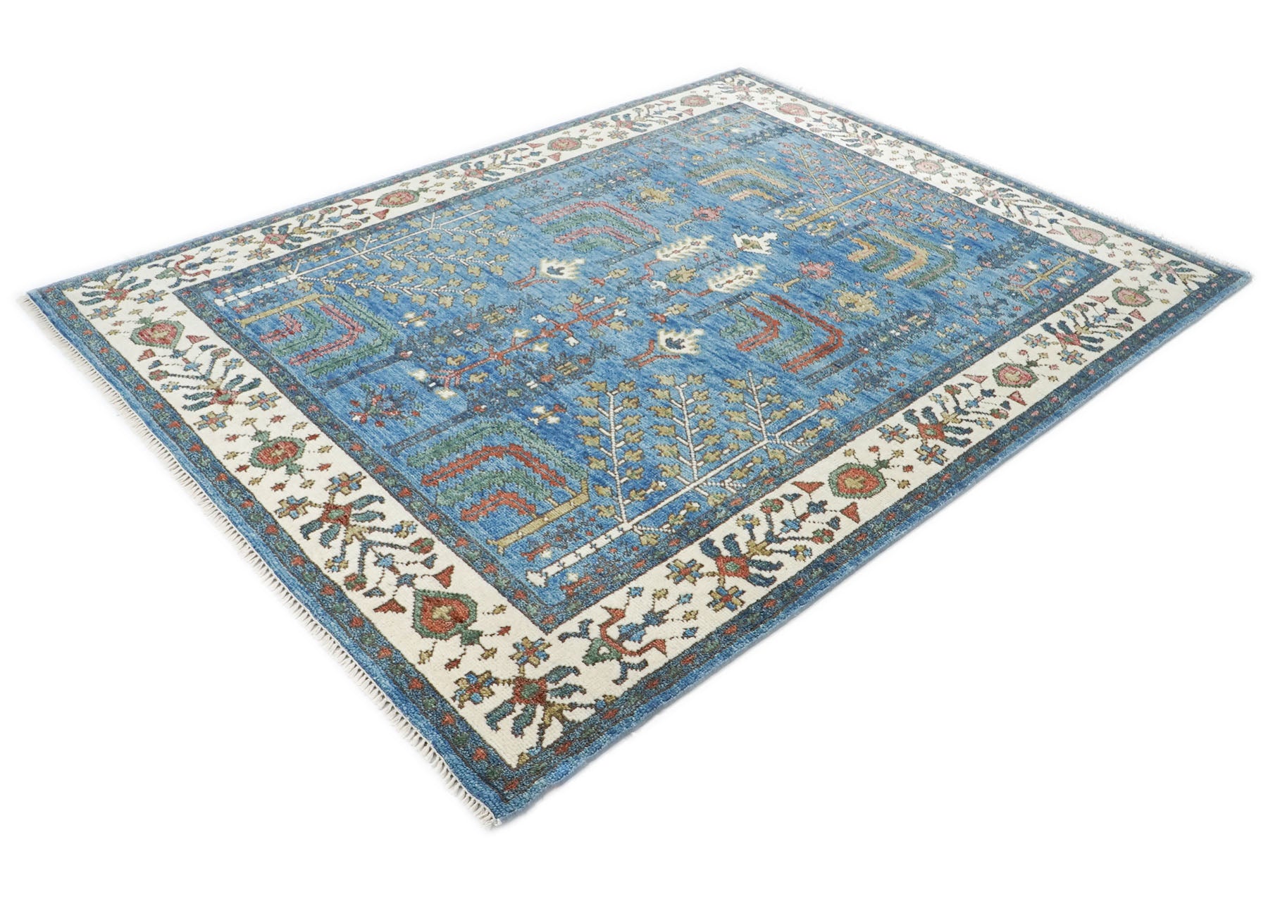 8x10 Blue, Ivory, Gold Color Hand Knotted Oushak Wool Transitional Oriental Rug