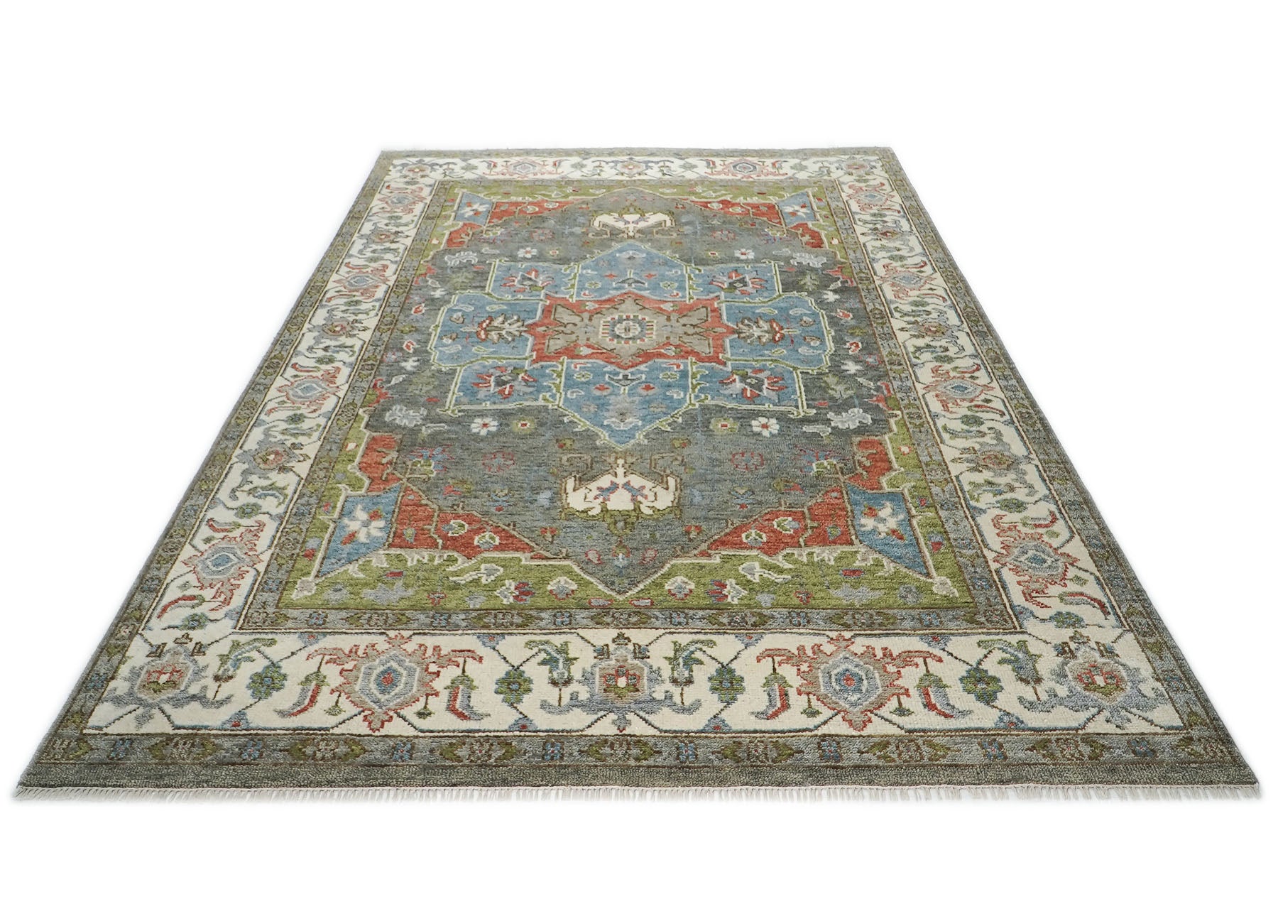 10x14 Gray, Blue, Lime Color Hand Knotted Oushak Wool  Oriental Rug