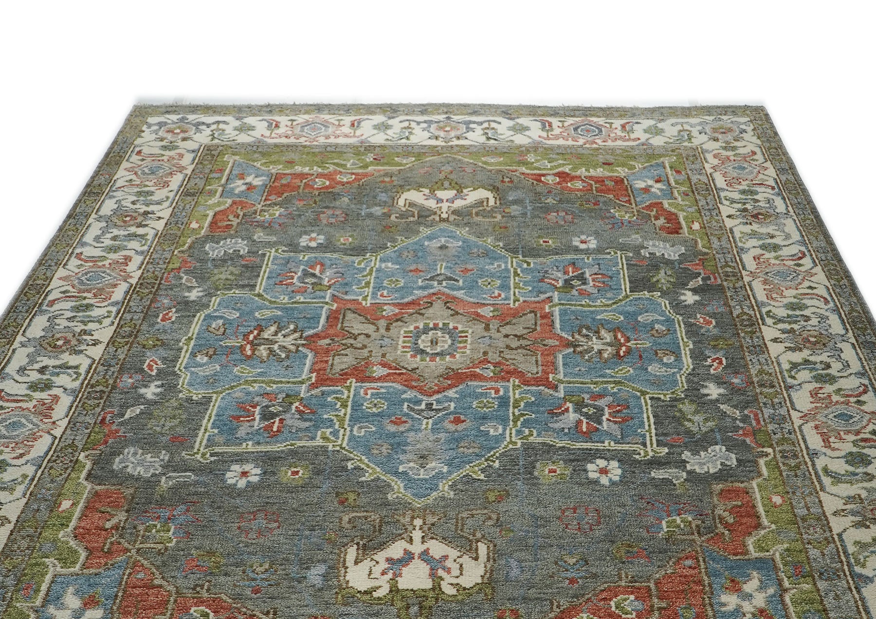 10x14 Gray, Blue, Lime Color Hand Knotted Oushak Wool  Oriental Rug