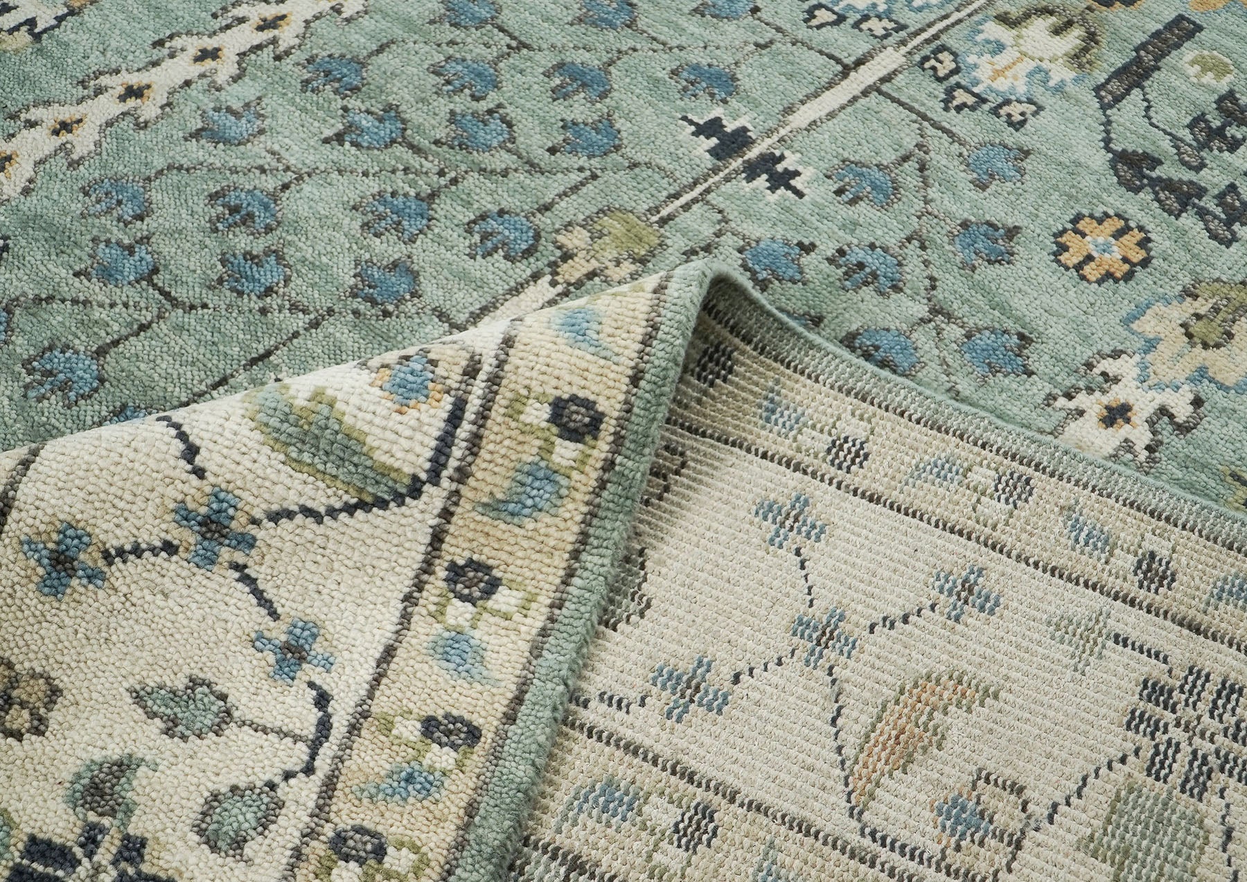 10x14 Aqua, Ivory, Tan Color Hand Knotted Oushak Wool Transitional Oriental Rug