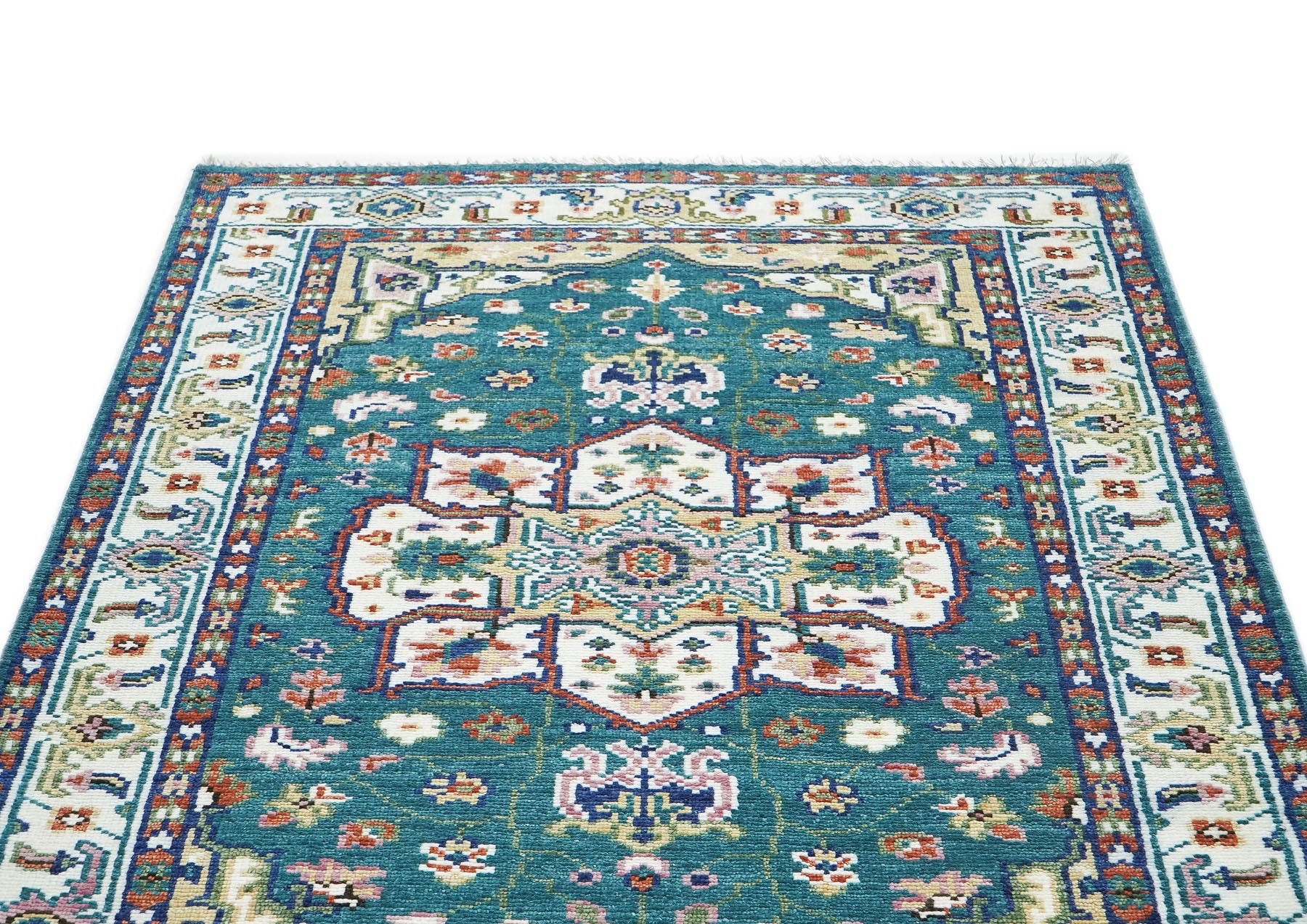 5x8 Turquoise, Ivory, Burnt Orange Go Color Hand Knotted Oushak Wool Traditional Oriental Rug