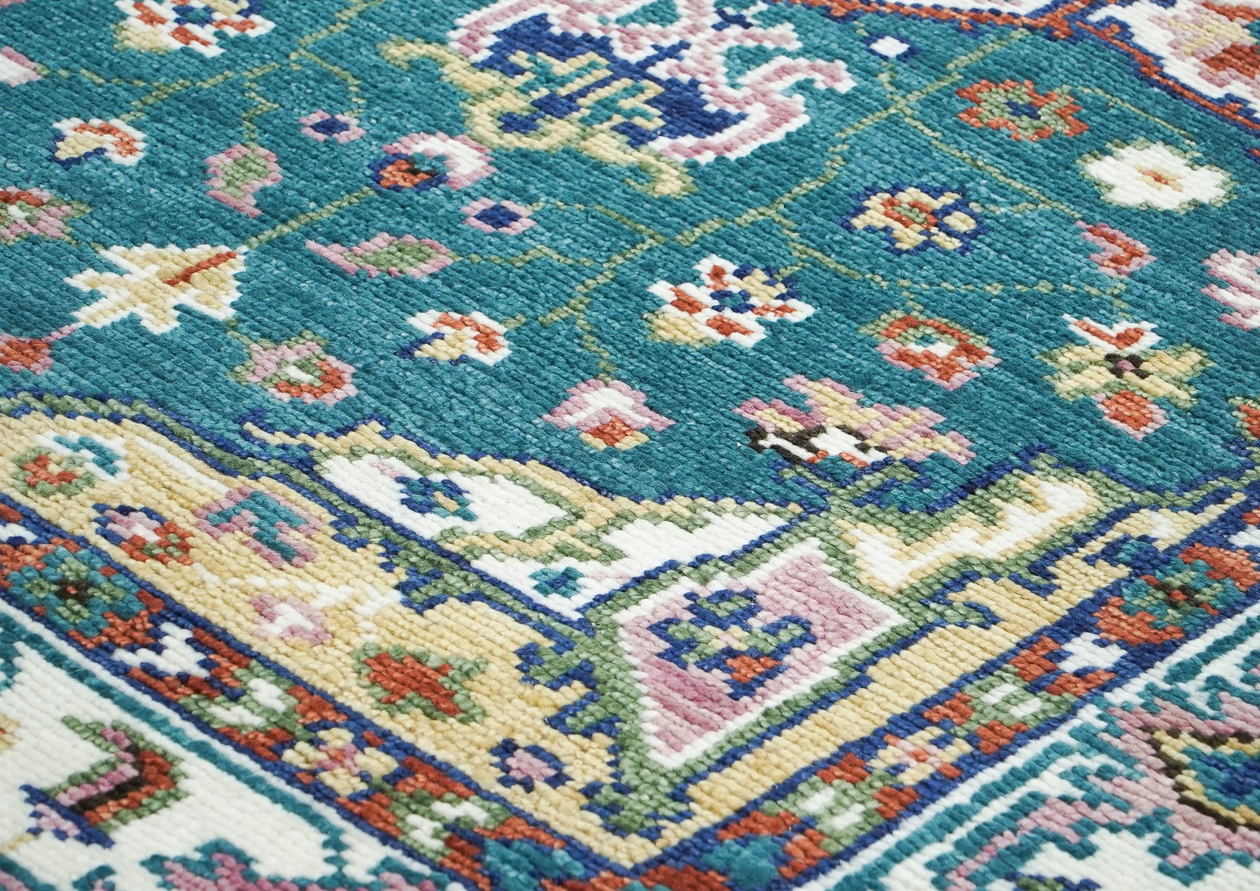 5x8 Turquoise, Ivory, Burnt Orange Go Color Hand Knotted Oushak Wool Traditional Oriental Rug