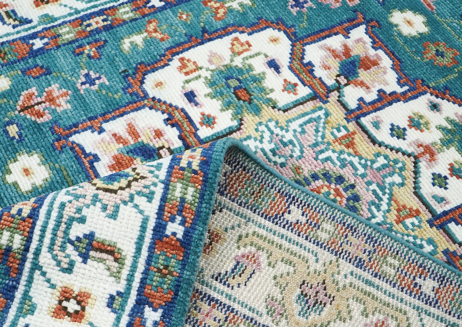5x8 Turquoise, Ivory, Burnt Orange Go Color Hand Knotted Oushak Wool Traditional Oriental Rug