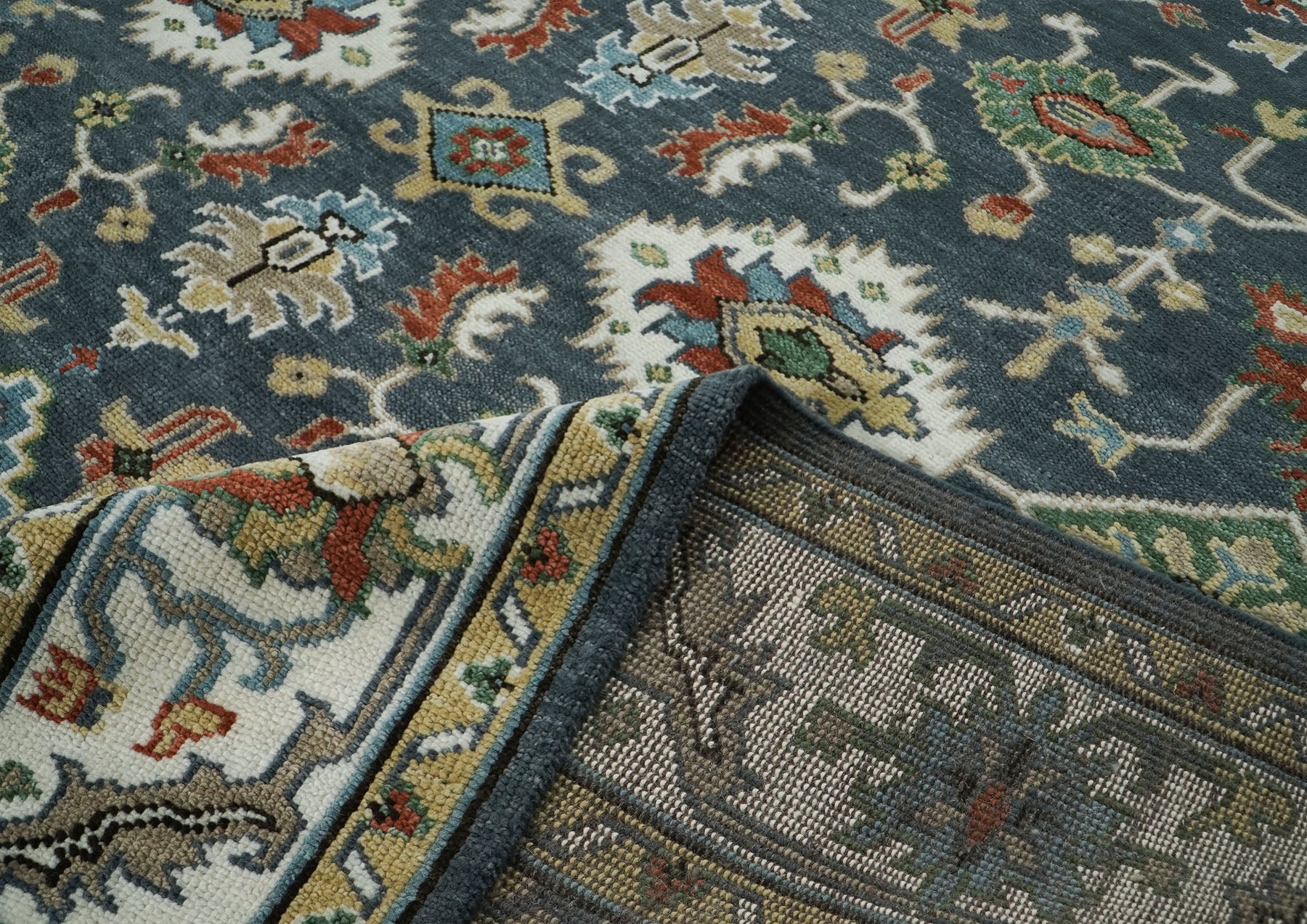 10x14 Dark Blue, Ivory, Green Color Hand Knotted Oushak Wool Arts and Crafts Oriental Rug