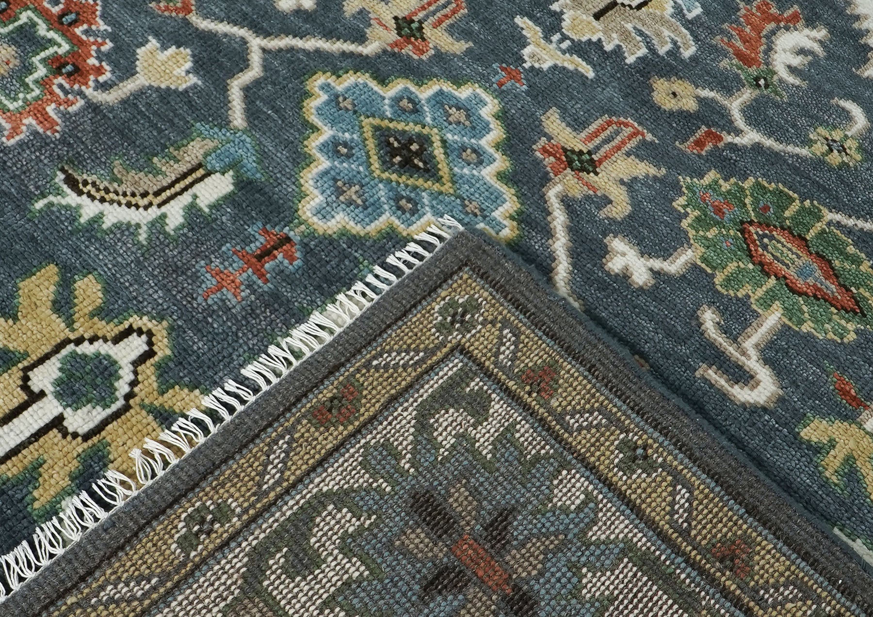 10x14 Dark Blue, Ivory, Green Color Hand Knotted Oushak Wool Arts and Crafts Oriental Rug