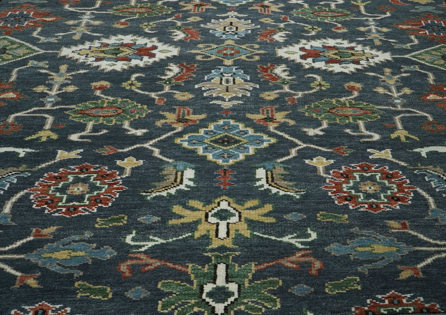 10x14 Dark Blue, Ivory, Green Color Hand Knotted Oushak Wool Arts and Crafts Oriental Rug