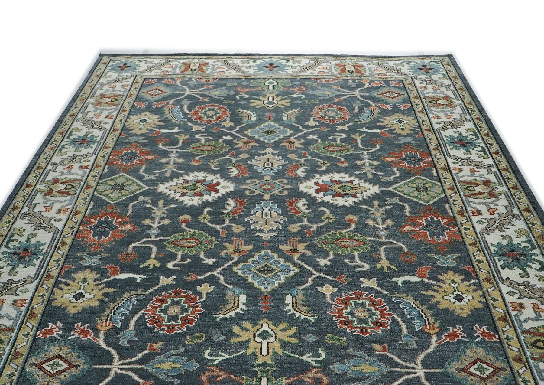 10x14 Dark Blue, Ivory, Green Color Hand Knotted Oushak Wool Arts and Crafts Oriental Rug