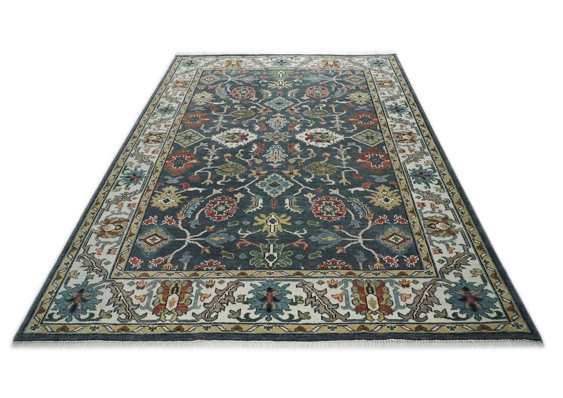 10x14 Dark Blue, Ivory, Green Color Hand Knotted Oushak Wool Arts and Crafts Oriental Rug