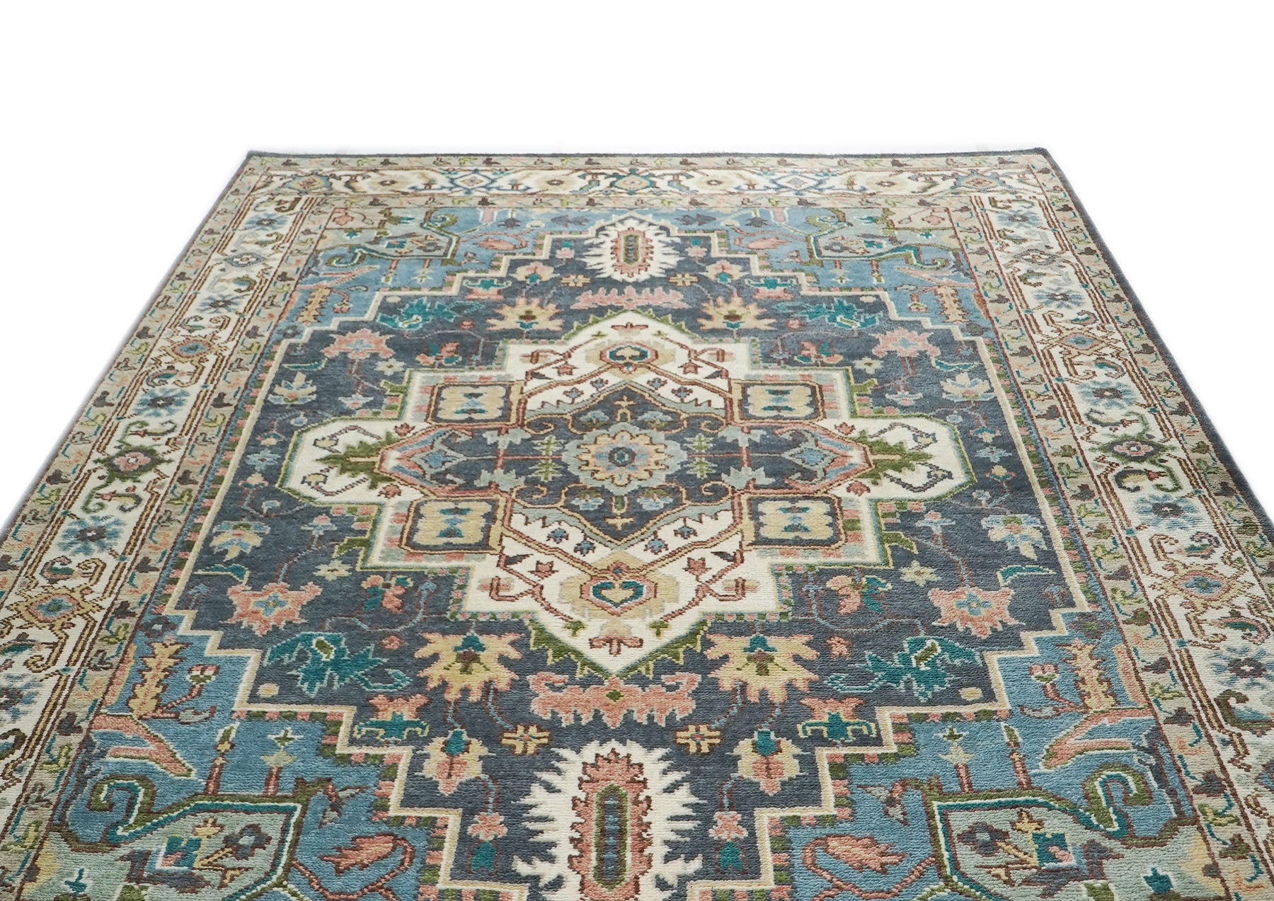 10x14 Blue, Ivory, Gray Color Hand Knotted Oushak Wool  Oriental Rug