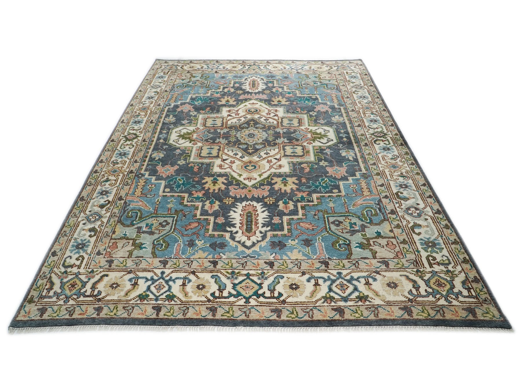 10x14 Blue, Ivory, Gray Color Hand Knotted Oushak Wool  Oriental Rug