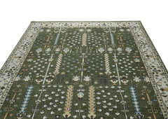 10x14 Green, Ivory, Tan Color Hand Knotted Oushak Wool Transitional Oriental Rug