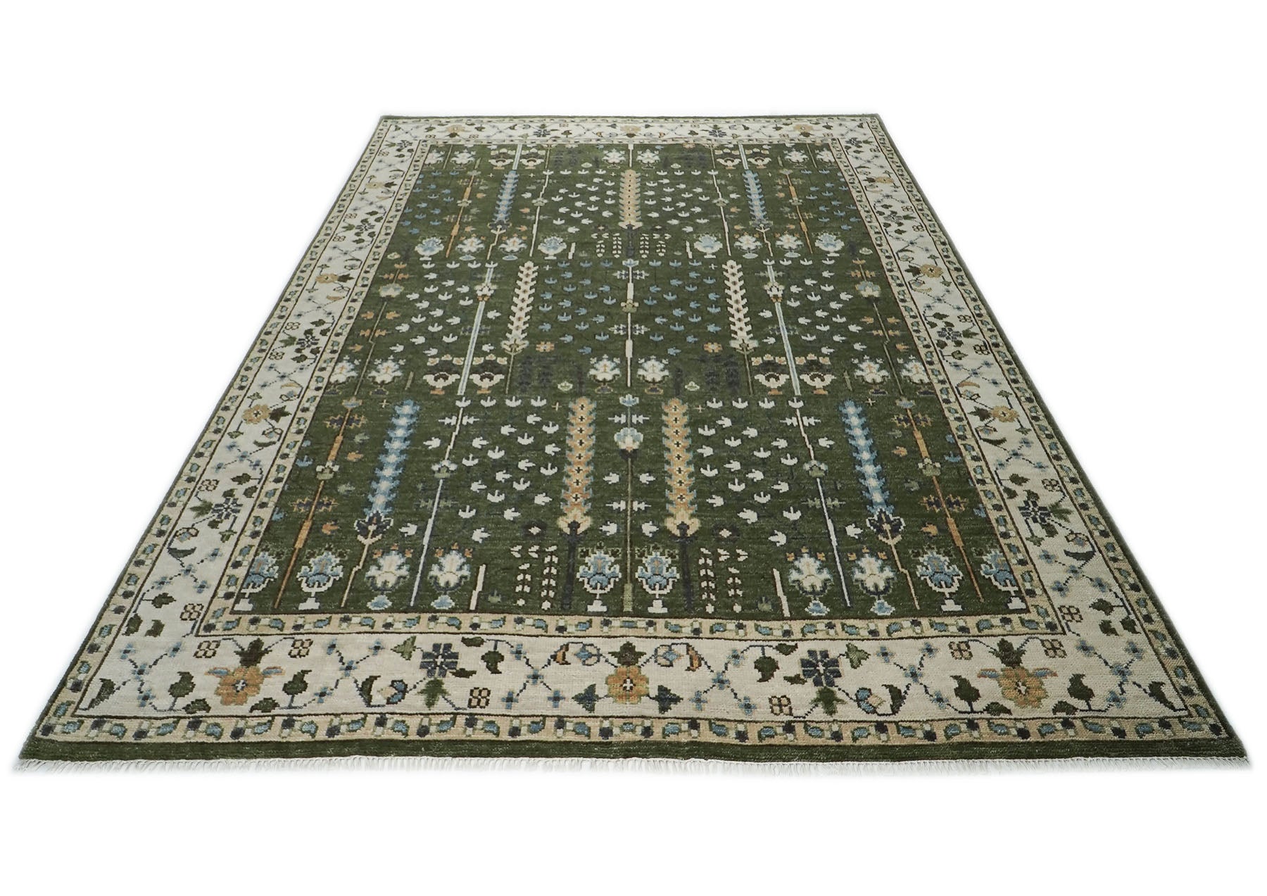 10x14 Green, Ivory, Tan Color Hand Knotted Oushak Wool Transitional Oriental Rug