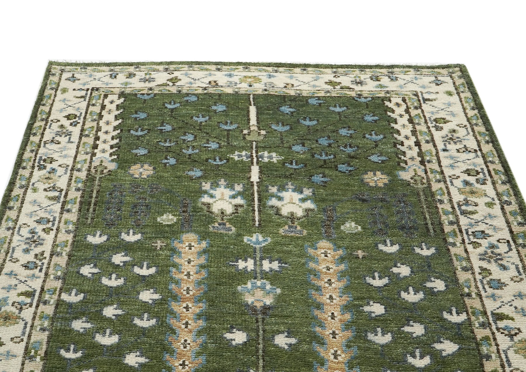 5x8 Green, Ivory, Blue Color Hand Knotted Oushak Wool Transitional Oriental Rug