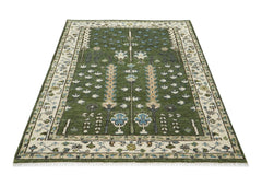 5x8 Green, Ivory, Blue Color Hand Knotted Oushak Wool Transitional Oriental Rug