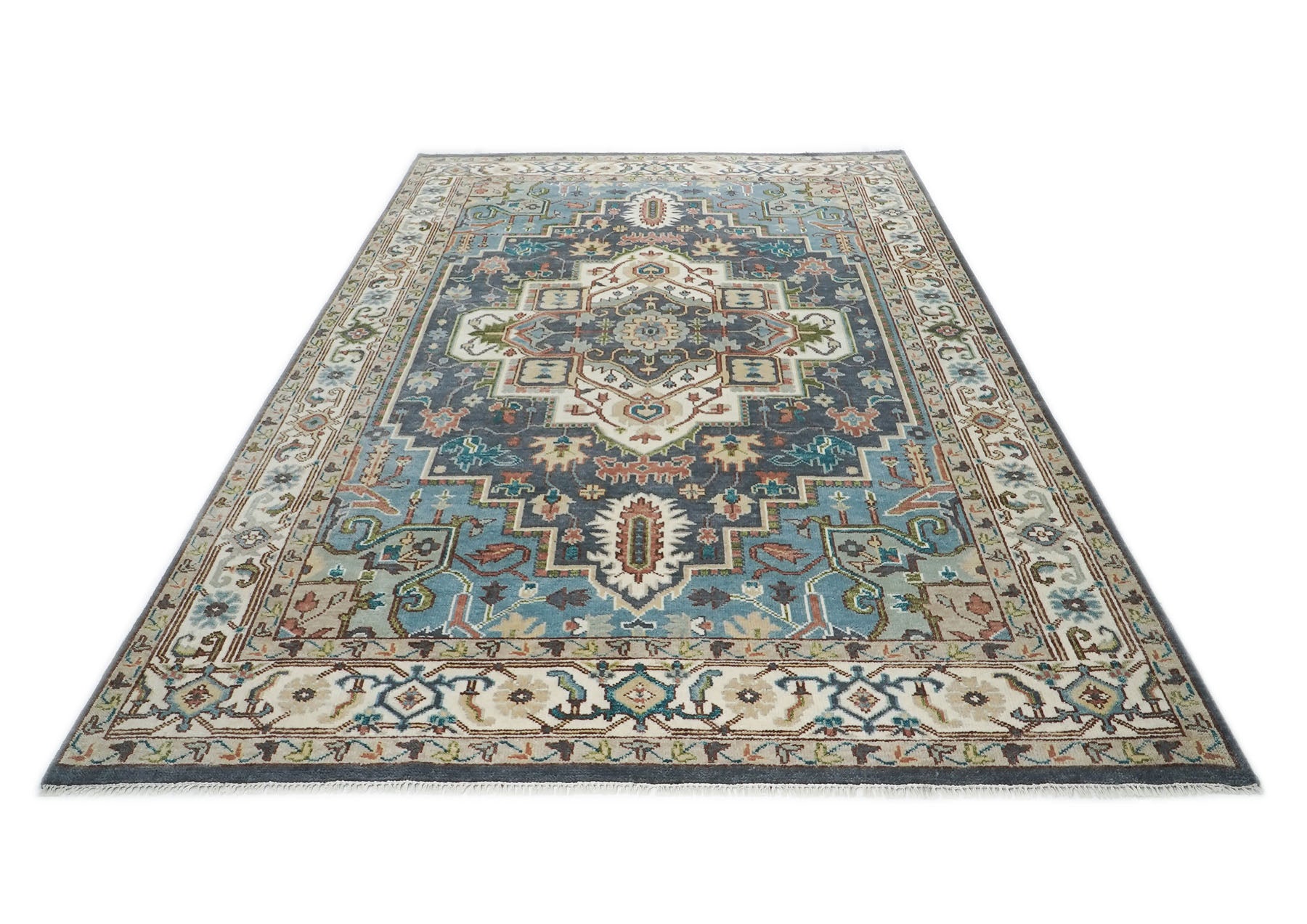10x14 Blue, Ivory, Green Color Hand Knotted Oushak Wool  Oriental Rug