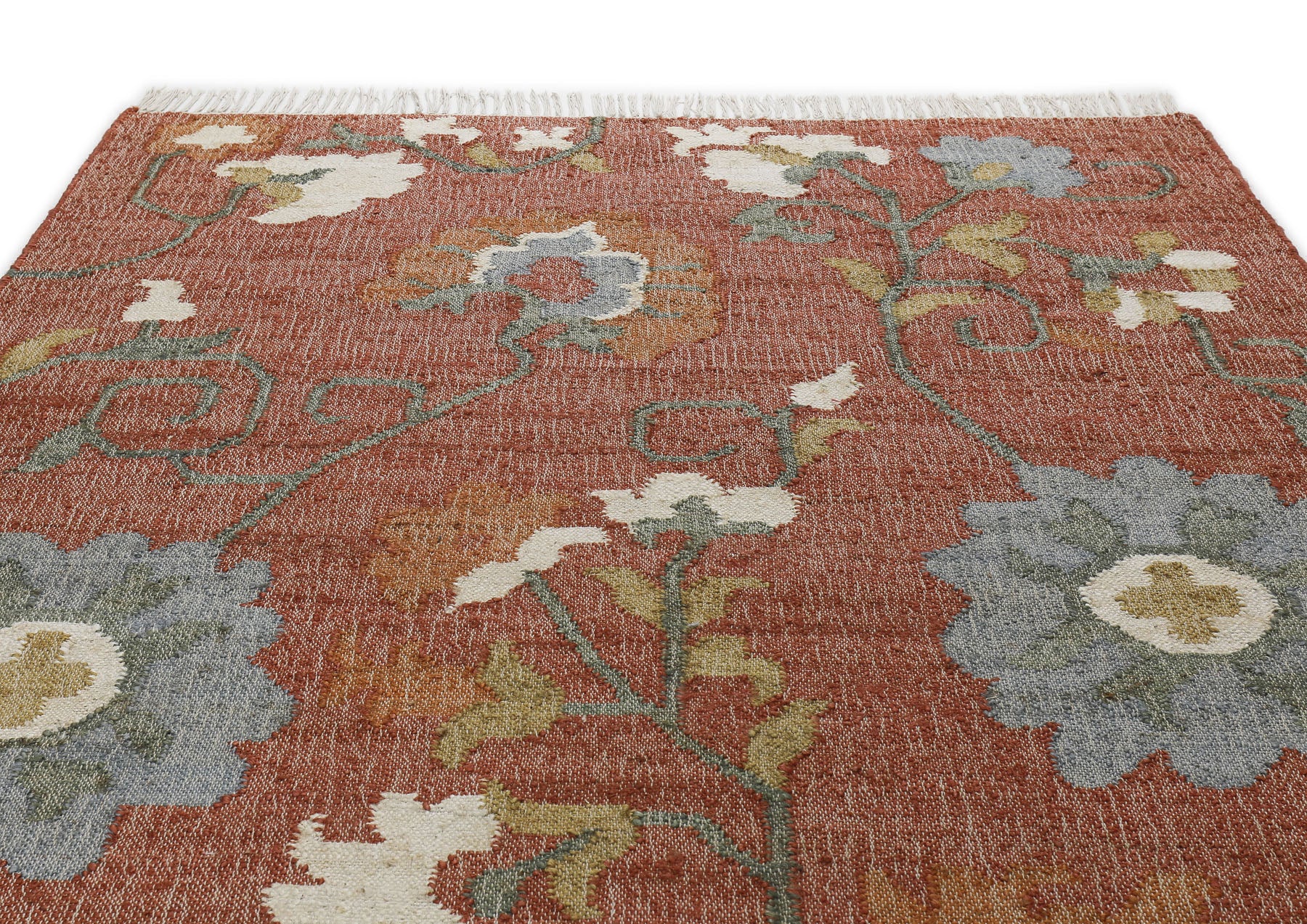 Multi Size Rust Sage Ivory Color Hand Woven Kilim Jute Traditional Oriental Rug