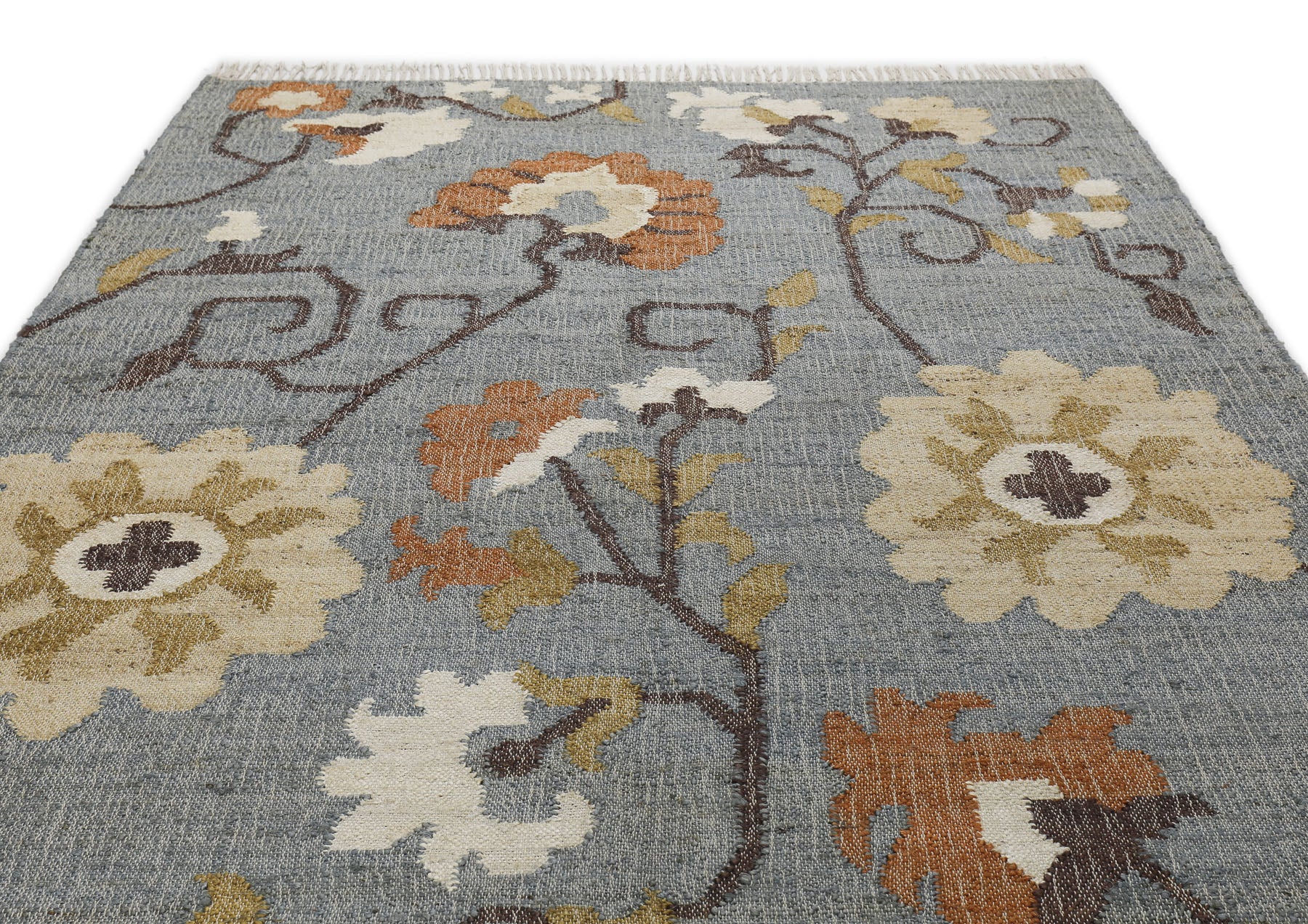 Multi Size Slate Blue Orange Color Hand Woven Kilim Jute Traditional Oriental Rug