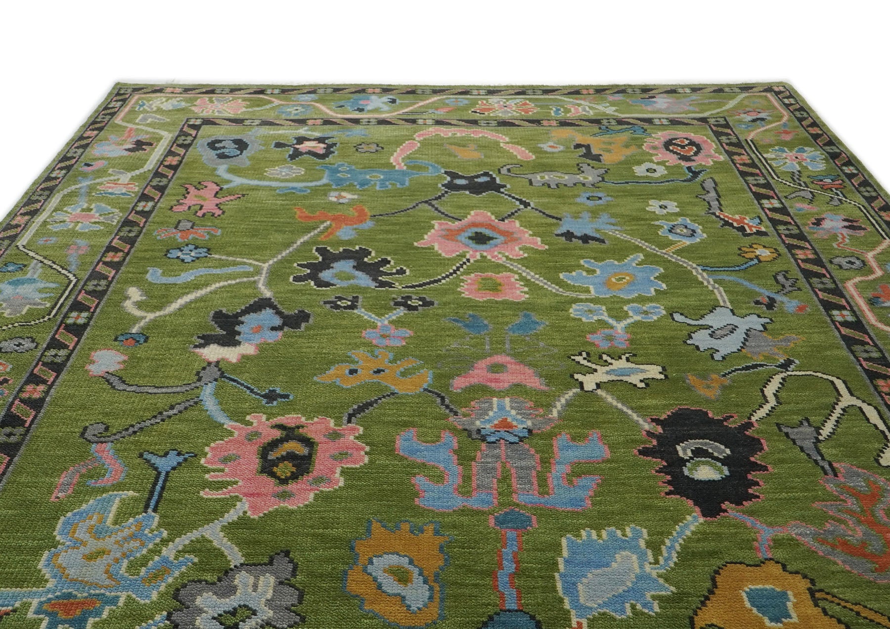 Multi Size Green Pink Navy Color Hand Knotted Oushak Wool Traditional Oriental Rug