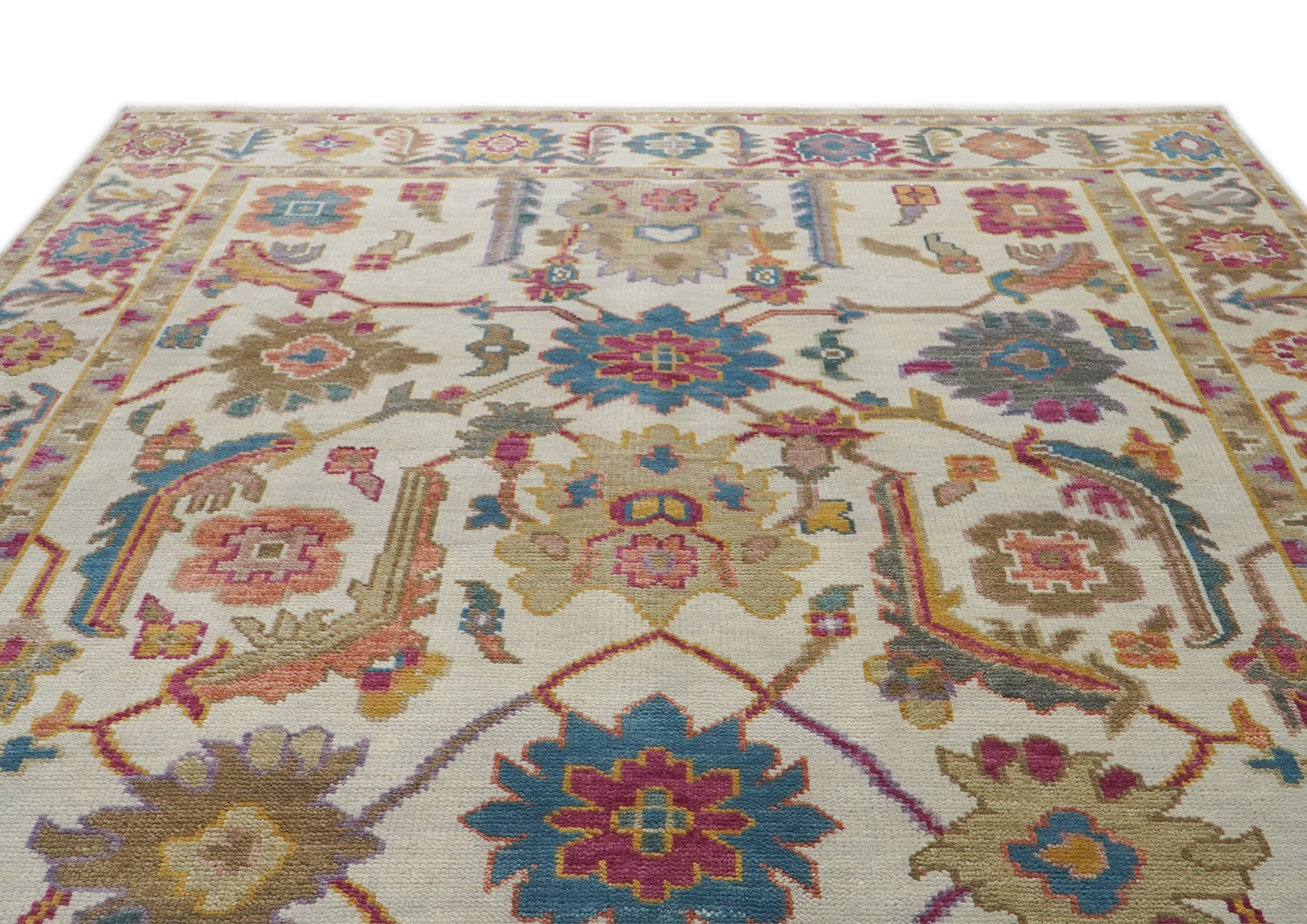 Multi Size Ivory Brown Aqua Color Hand Knotted Oushak Wool Traditional Oriental Rug