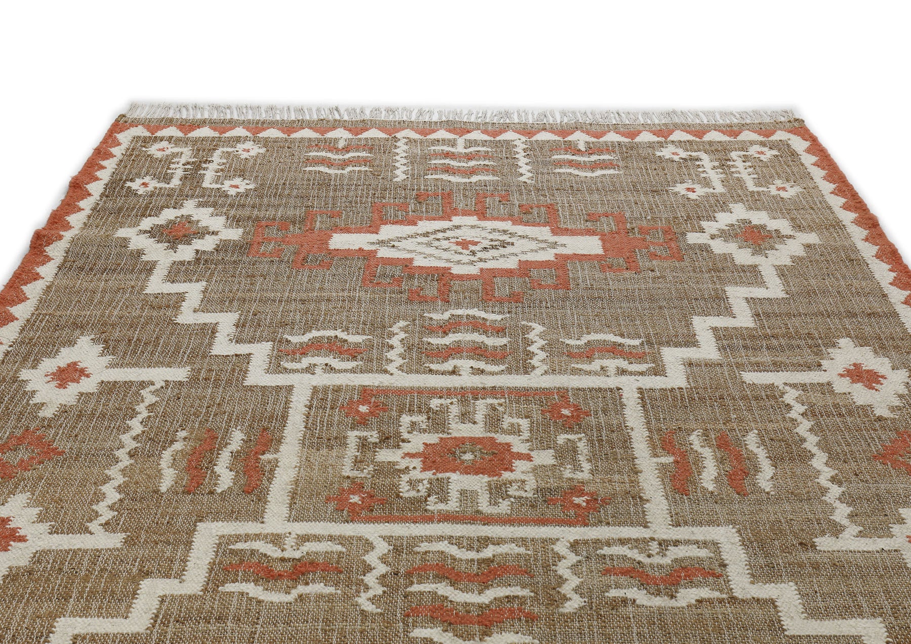Multi Size Tan Orange Ivory Color Hand Woven Kilim Jute Southwestern Oriental Rug