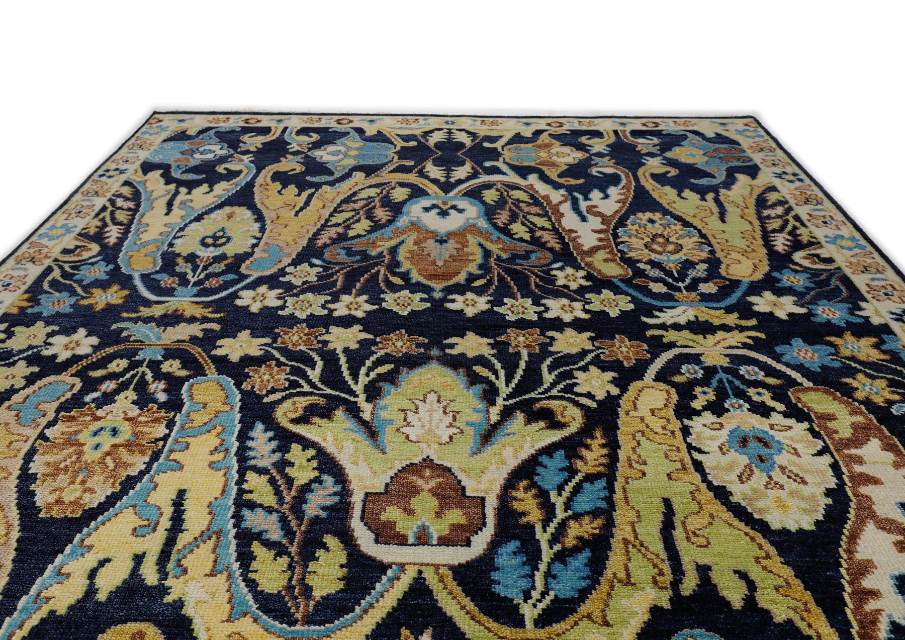 Multi Size Navy Mint Ivory Color Hand Knotted Oushak Wool  Oriental Rug