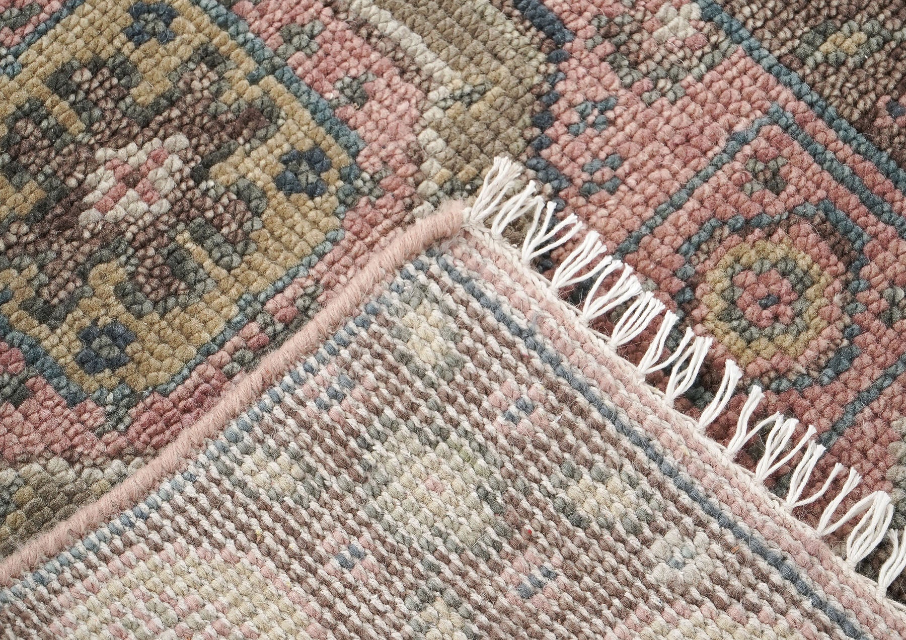 Runner Blush, Gray, Ivory Color Hand Knotted Oushak Wool Transitional Oriental Rug