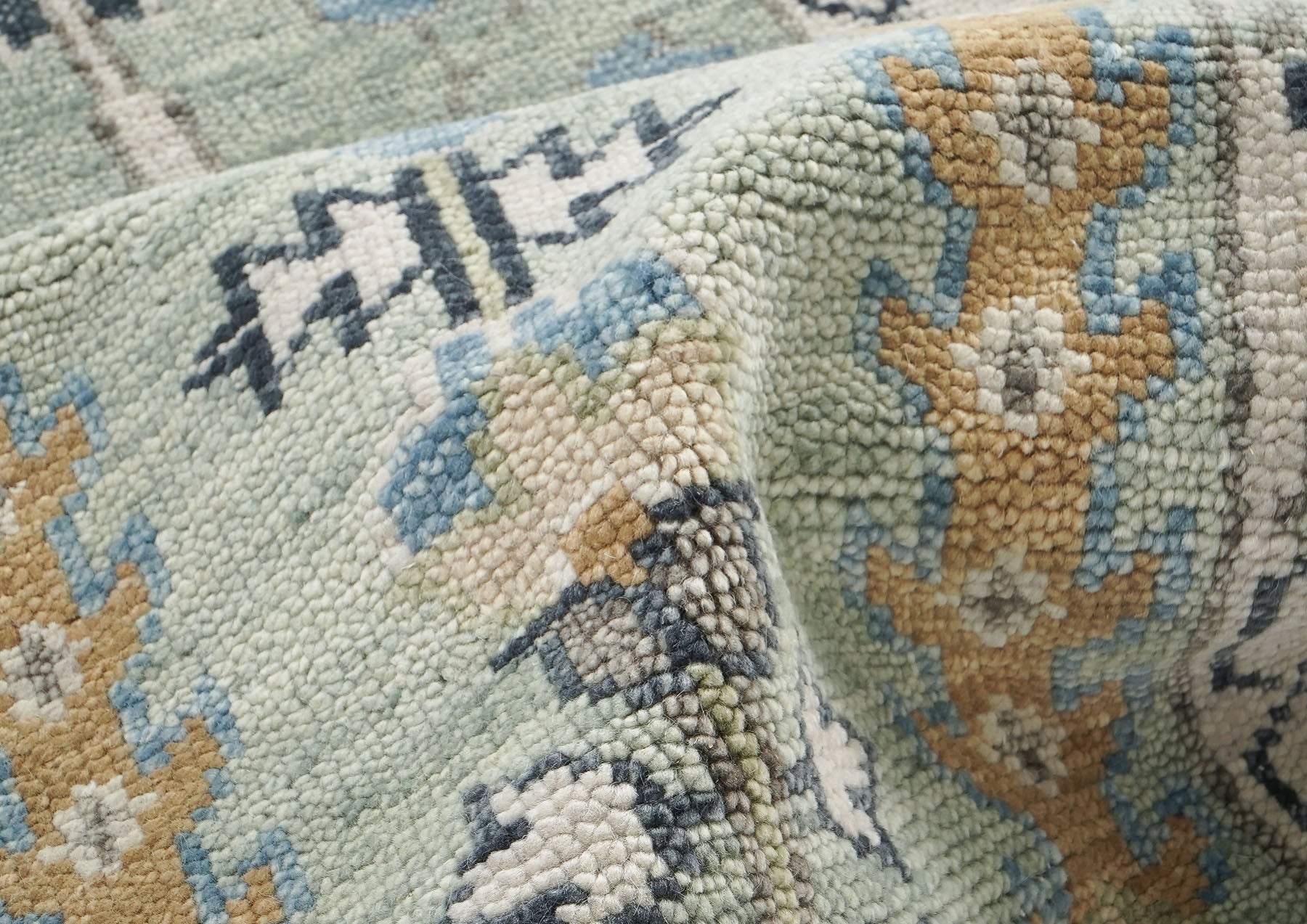 Runner Gray, Beige, Blue Color Hand Knotted Oushak Wool Transitional Oriental Rug