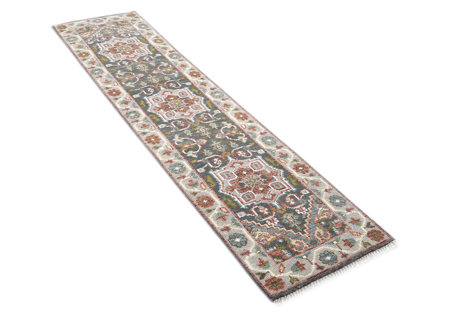 Runner Gray, Slate, Ivory Color Hand Knotted Oushak Wool Transitional Oriental Rug