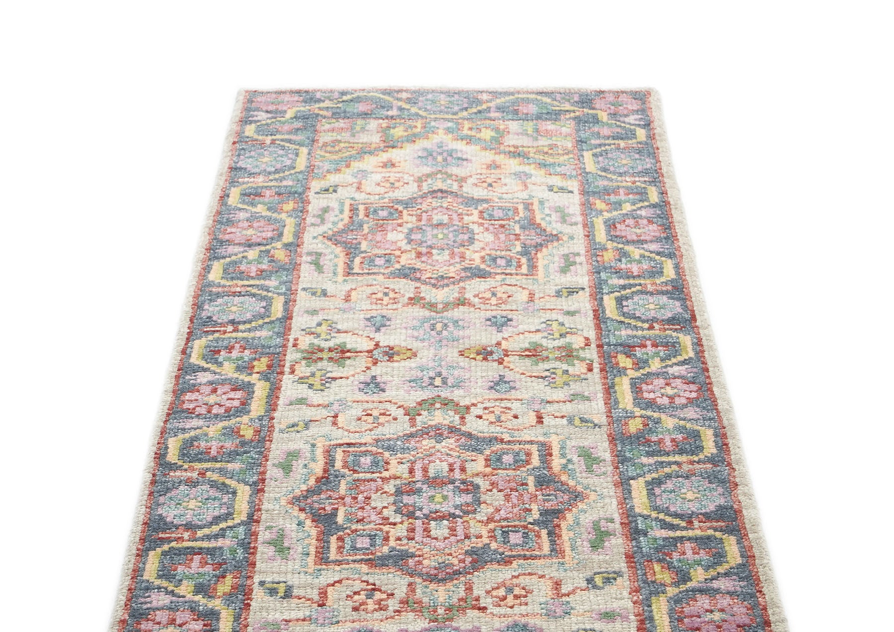 Runner Beige, Slate, Gold Color Hand Knotted Oushak Wool Traditional Oriental Rug