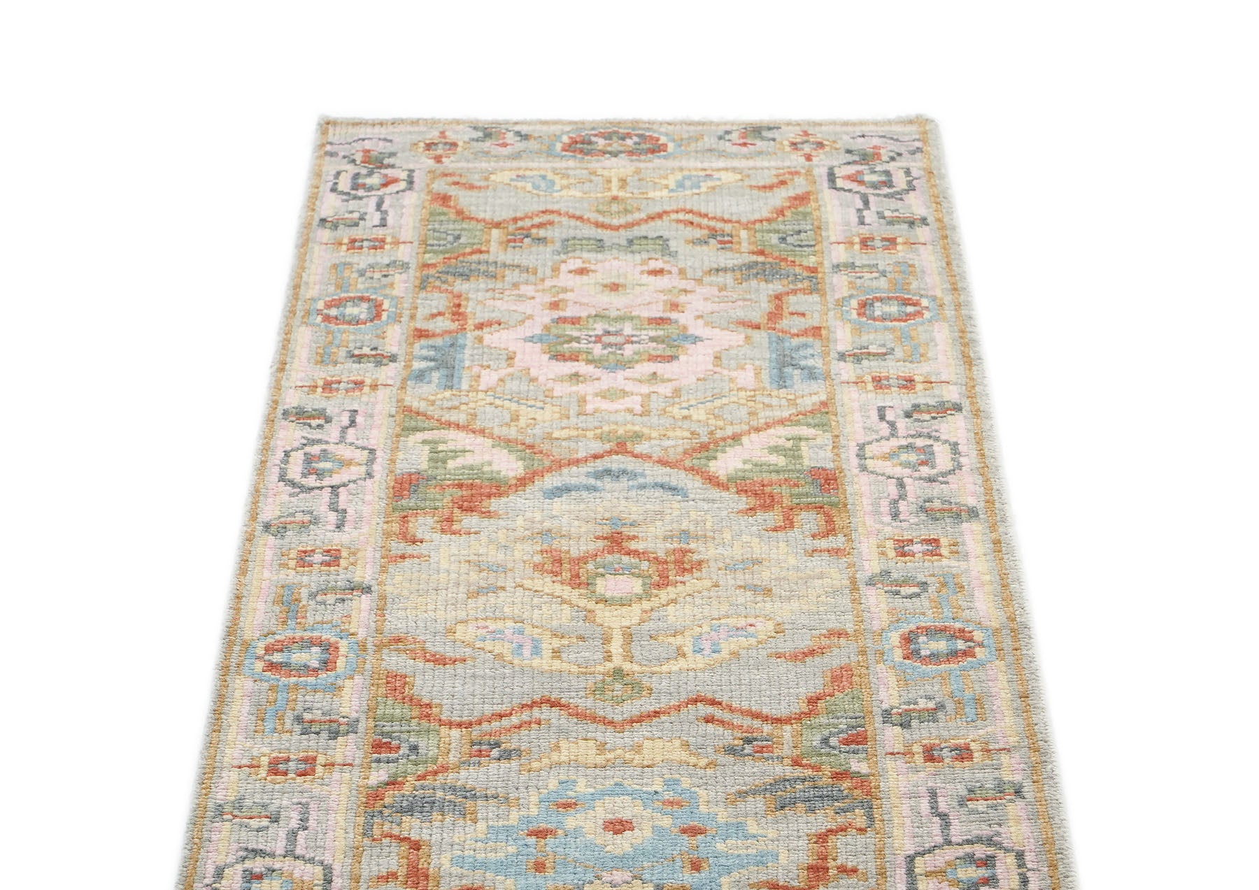 Runner Gray, Blush, Aqua Color Hand Knotted Oushak Wool Traditional Oriental Rug
