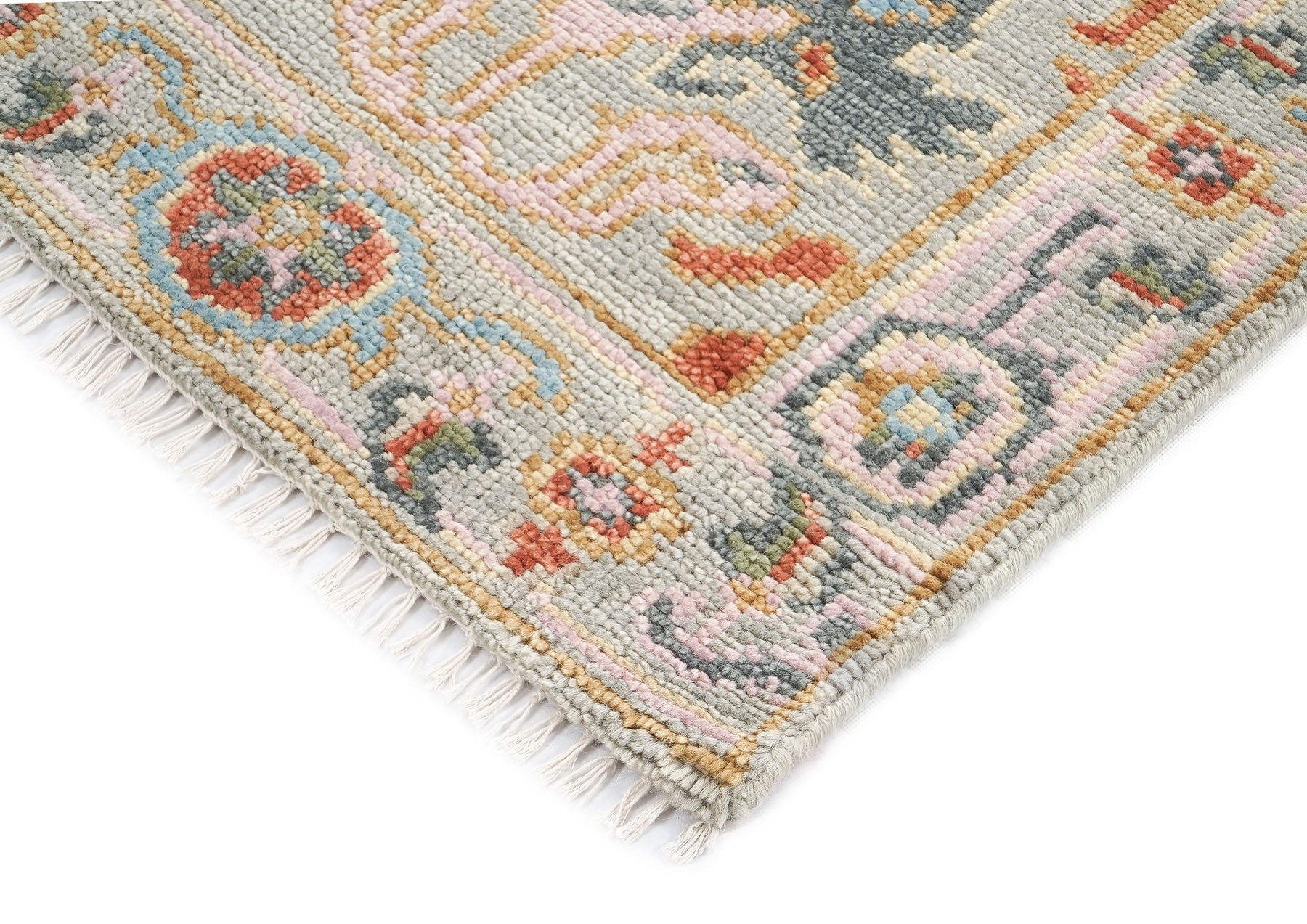 Runner Gray, Blush, Aqua Color Hand Knotted Oushak Wool Traditional Oriental Rug
