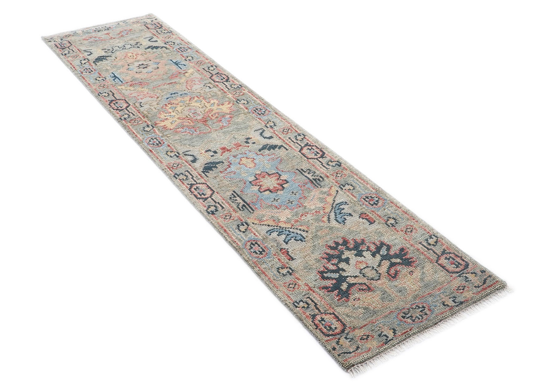Runner Gray, Blush, Blue Color Hand Knotted Oushak Wool Arts & Crafts Oriental Rug